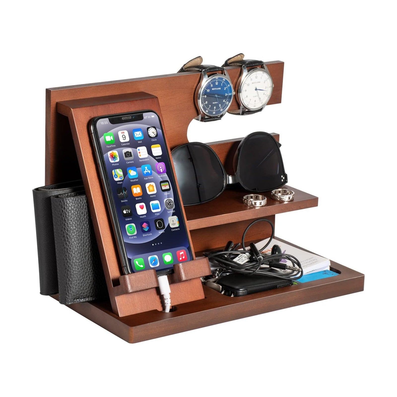 Wood Phone Docking Station - Gifts for Men Desk or Nightstand Organizer - Birthday Gifts for Husband, Fathers Day for