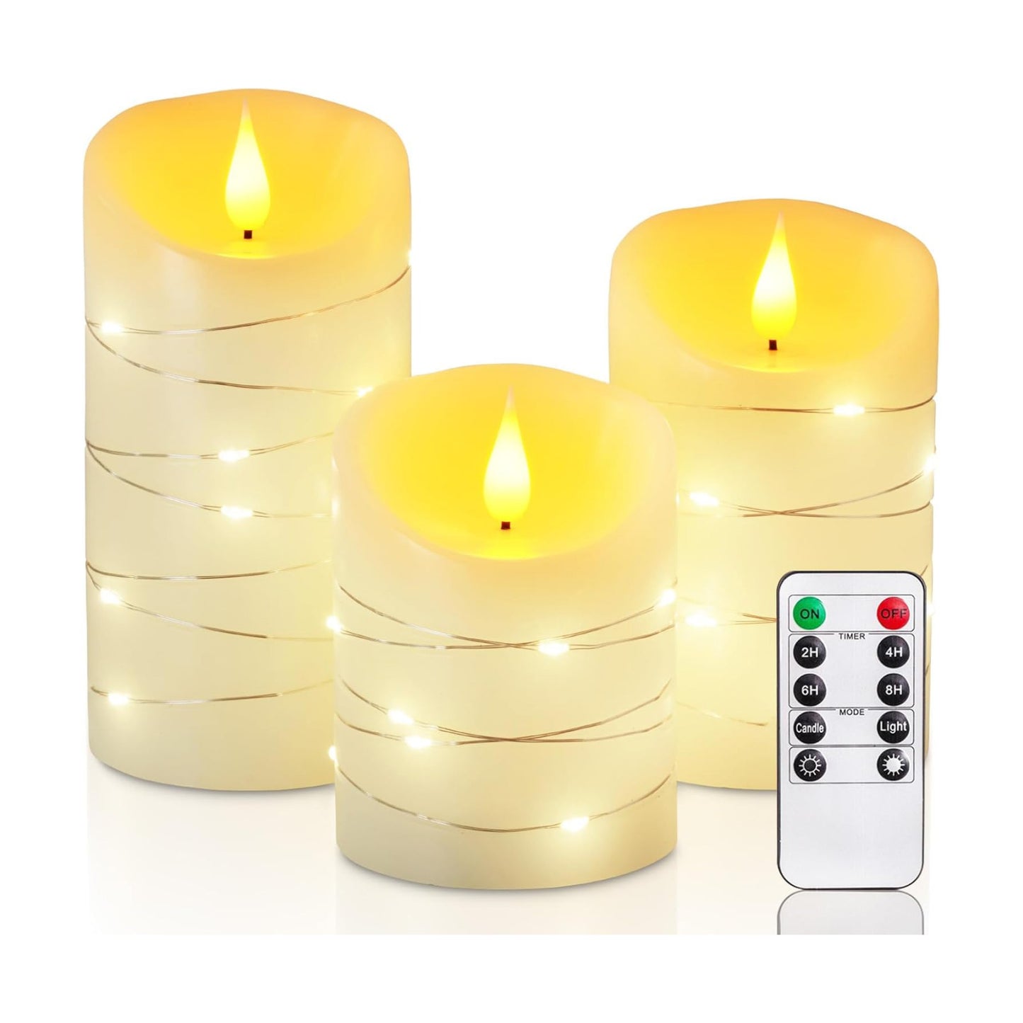 Homemory Flameless Candles with String Lights, 3 Pack Embedded Fairy String Lights LED Candles, Electric Flickering