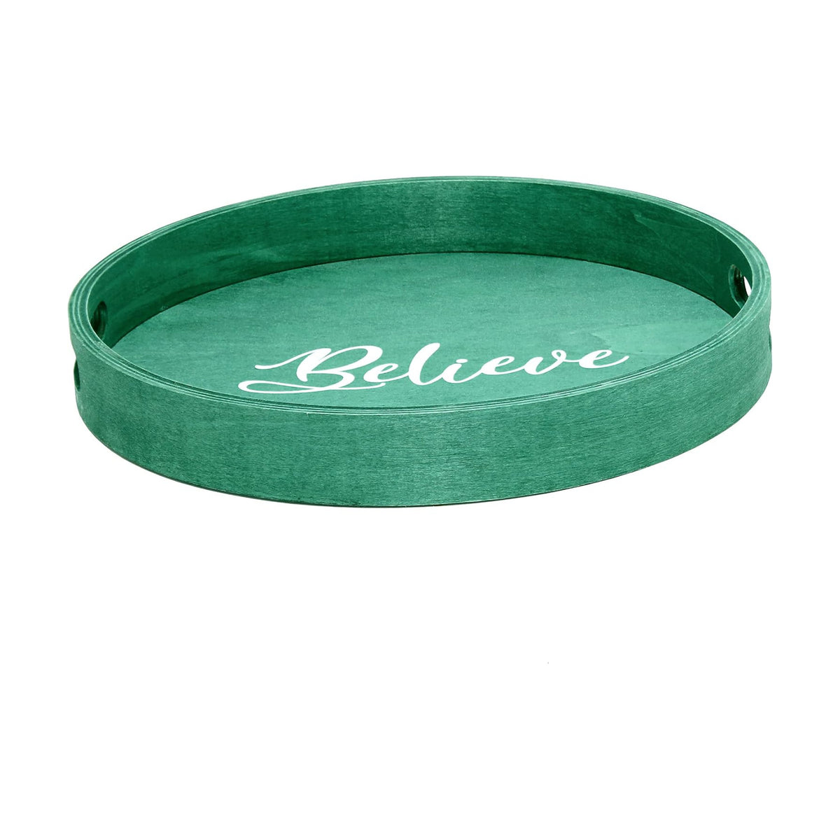 Elegant Designs HG2013-GBL Christmas Decorative 13.75'' Round Wood Serving Tray w/Handles, Green Believe