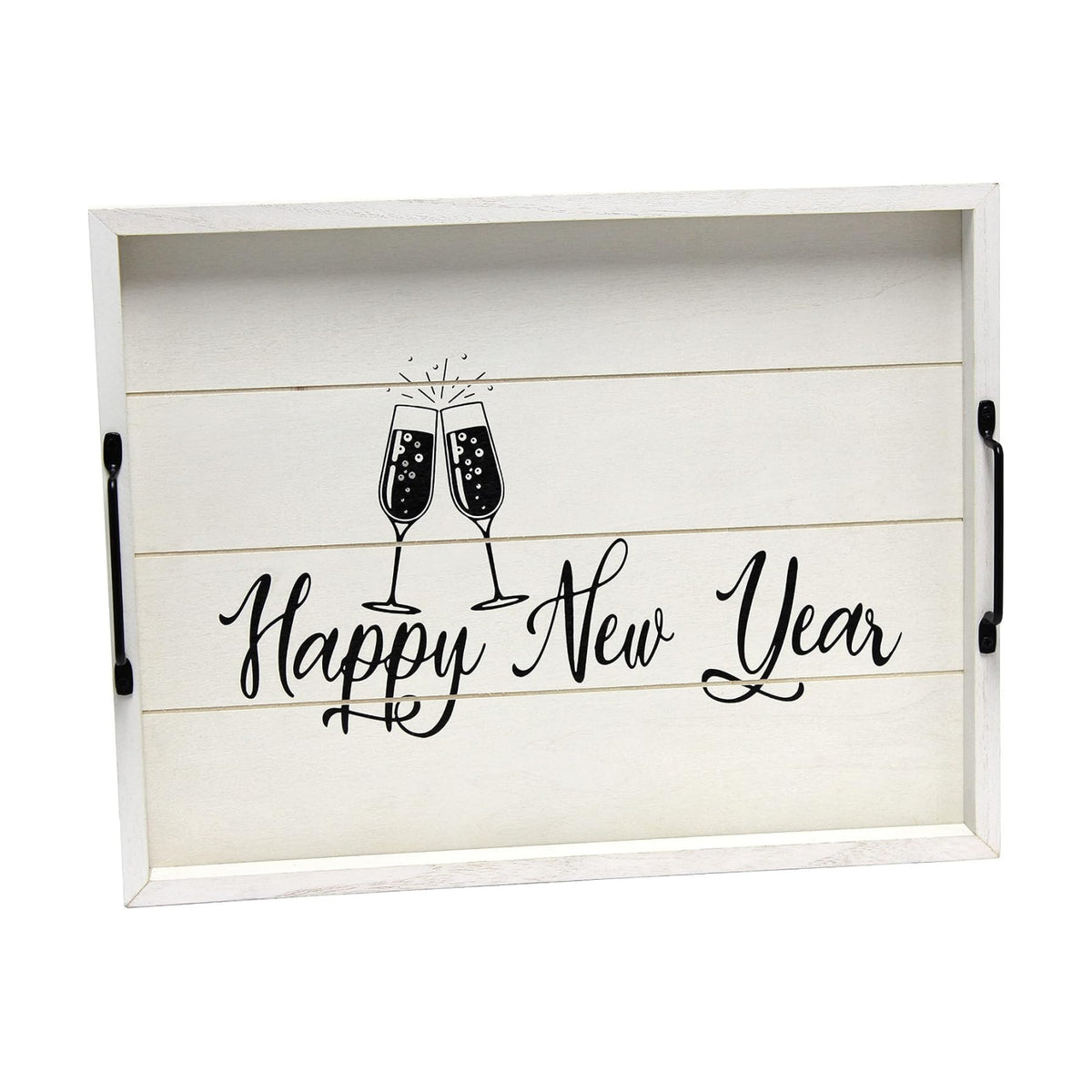 Elegant Designs HG2000-GNY Champagne Toast Decorative Wood Serving Tray w/Handles, 15.50" x 12", Light Gray Happy New Year