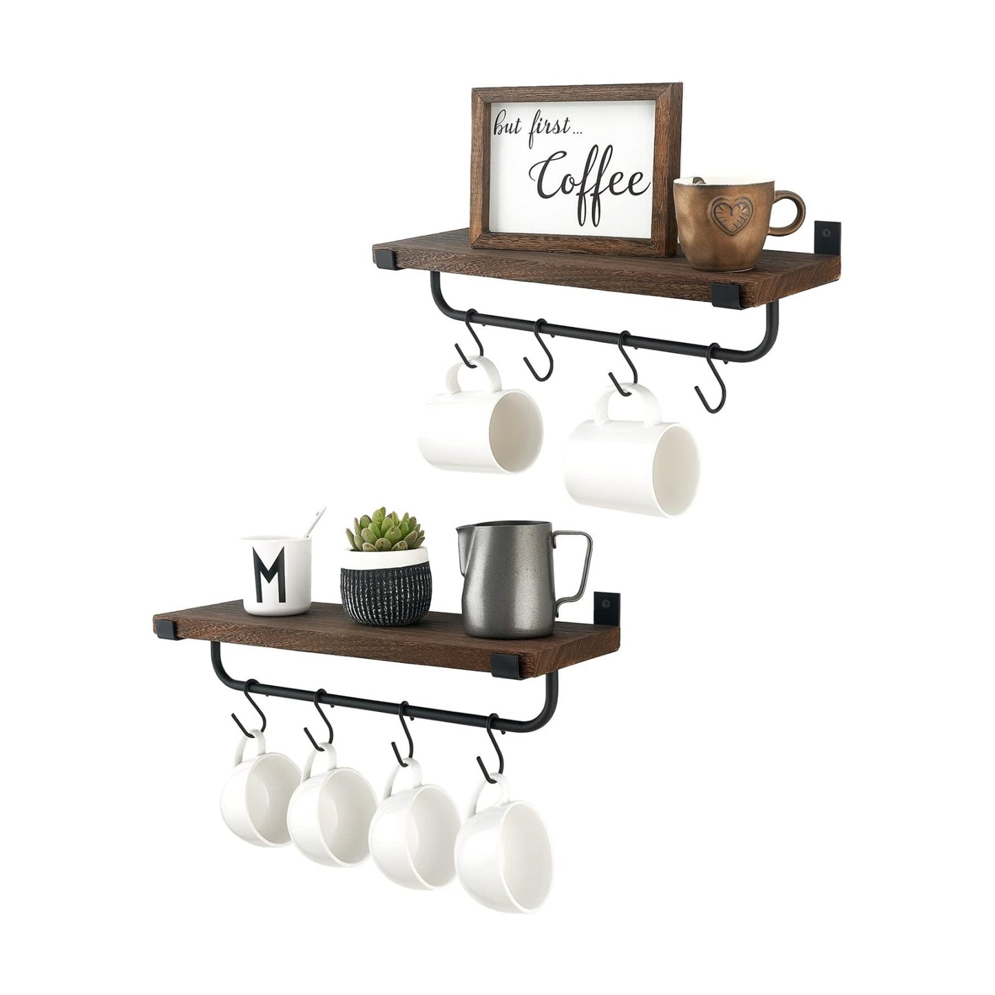 Mkono Coffee Bar Shelves, Wall Mounted Rustic Mug Rack with Hooks, 2 Pack | Kitchen Wall Shelf, Frees Up Counter Space