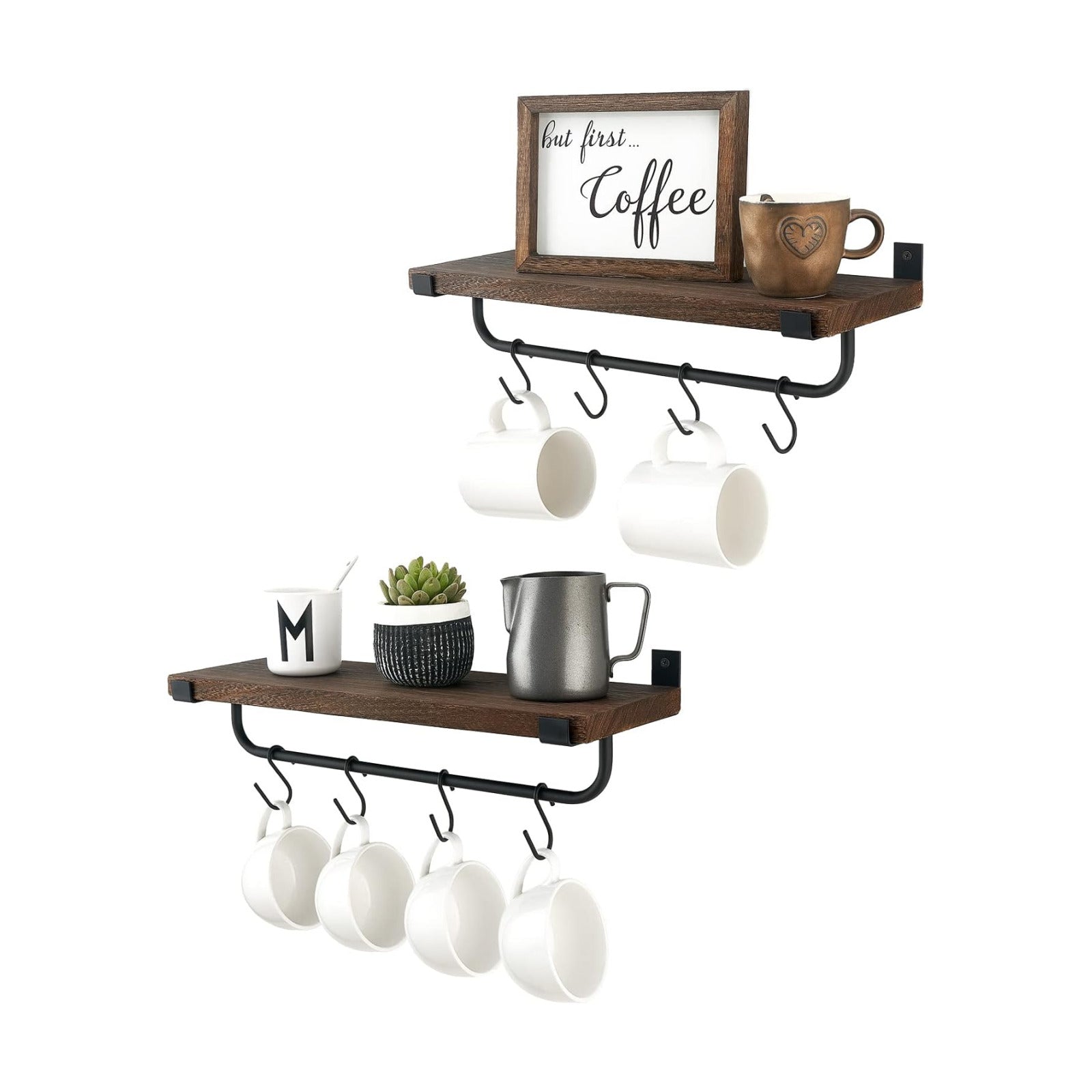 Mkono Coffee Bar Shelves, Wall Mounted Rustic Mug Rack with Hooks, 2 Pack | Kitchen Wall Shelf, Frees Up Counter Space