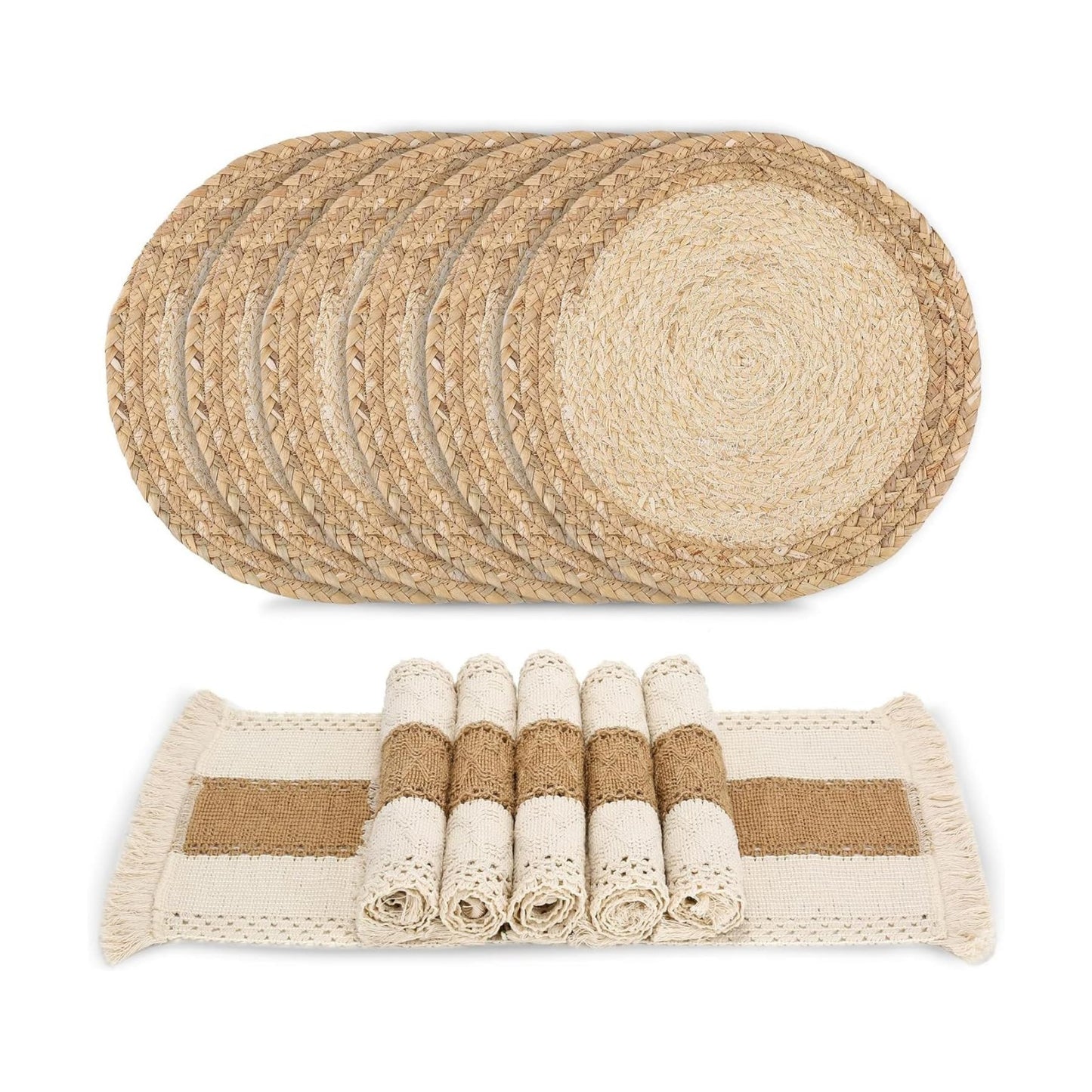 Placemats Set of 6 with 6 PCs Round Placemats and 6 PCs Table Mats | Natural,Handmade,Boho Woven Placemat,Burlap Table