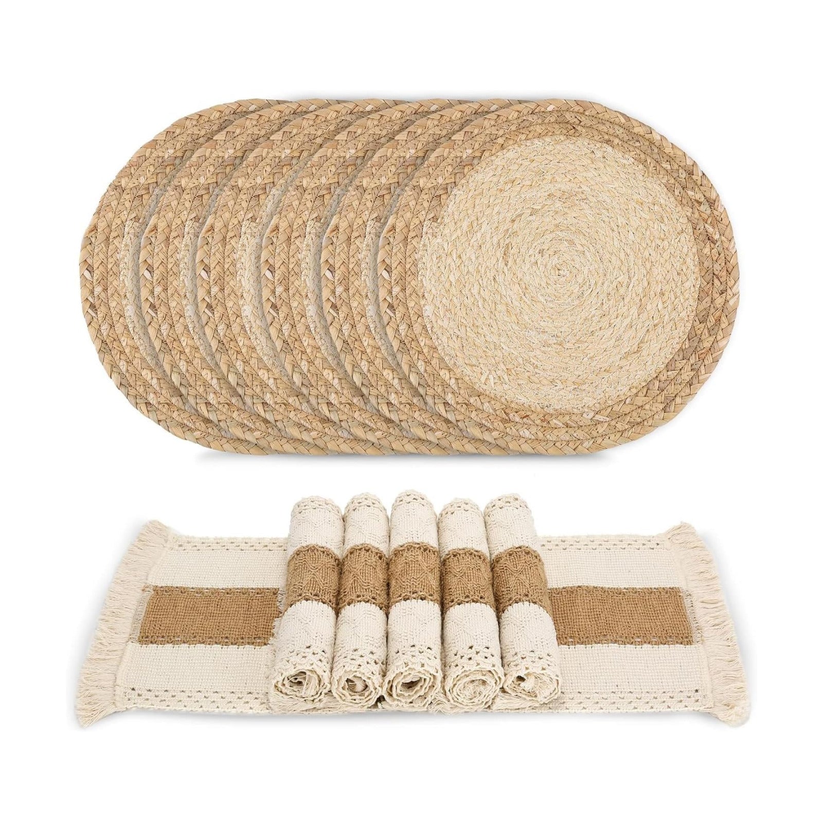 Placemats Set of 6 with 6 PCs Round Placemats and 6 PCs Table Mats | Natural,Handmade,Boho Woven Placemat,Burlap Table