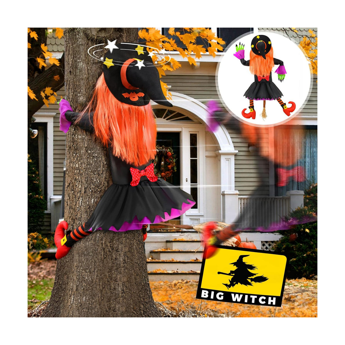Large Crashing Witch Decor(55'' H), Halloween Decorations Clearance Outdoor Witch Props Ornaments, Hanging into Tree/Porch Pole/Door/Yard, with Adjustable Band, Outside Garden Funny Witches Crashed