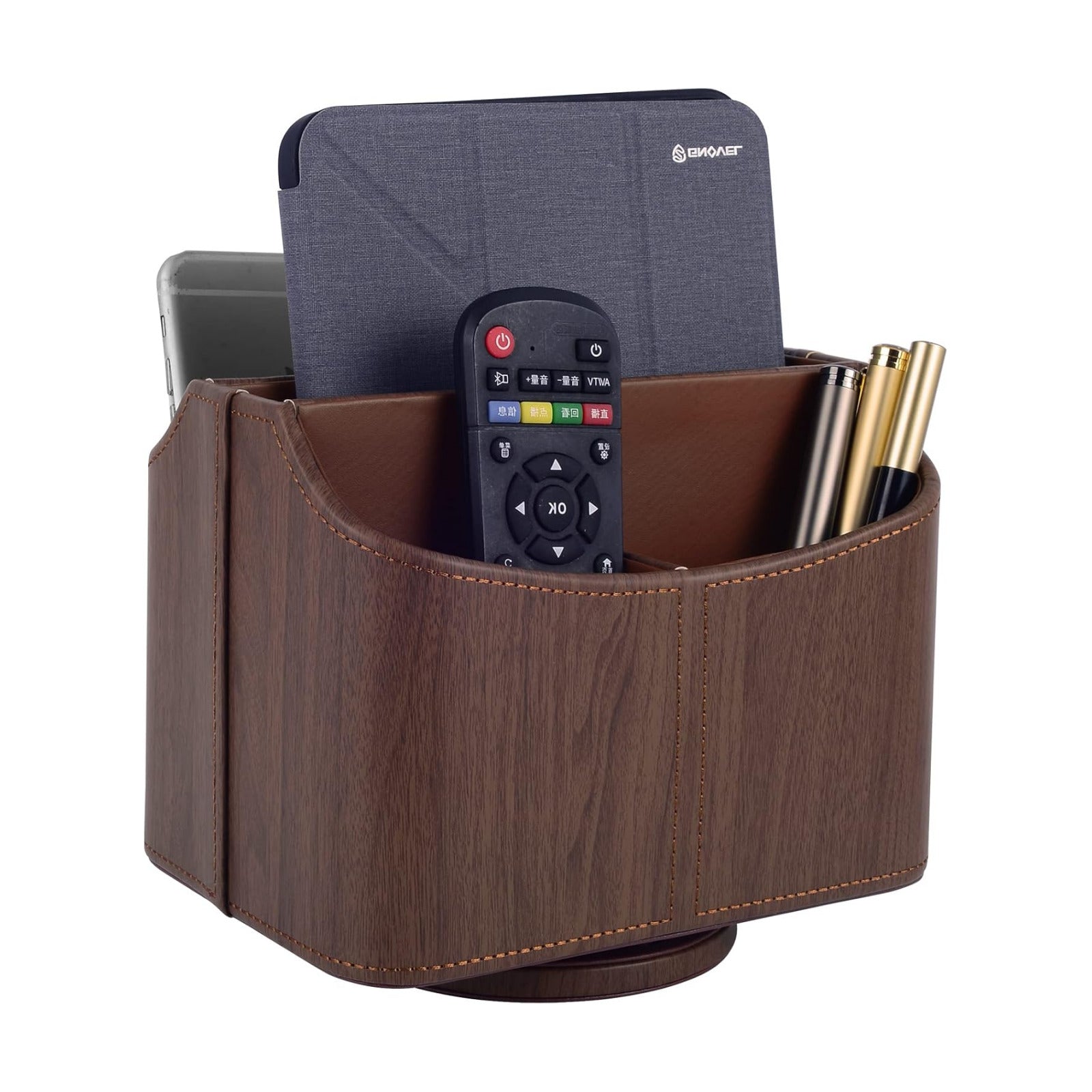 360 Degree Swiveling TV Remote Control Holder/Caddy / Dark Wood Grain / Brown