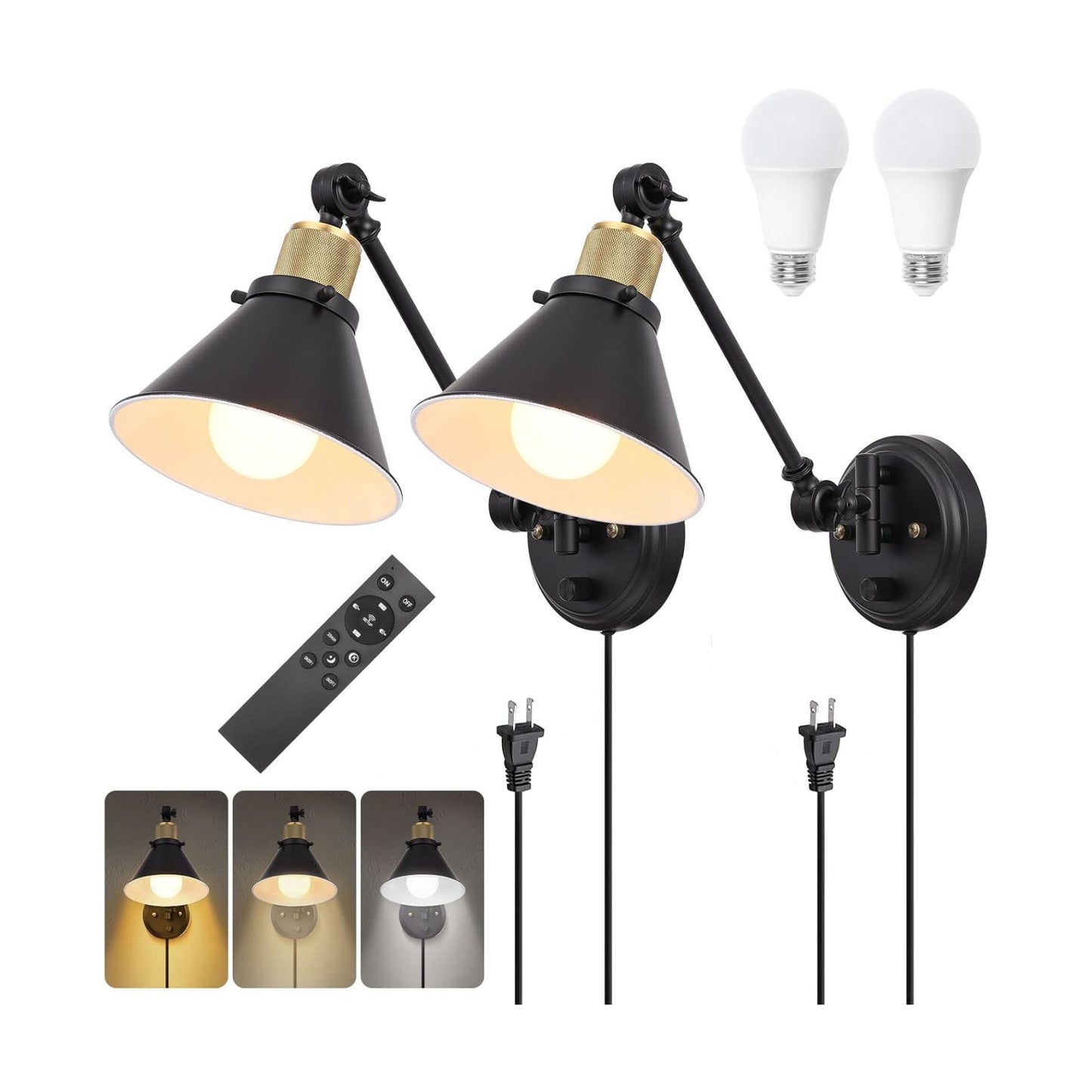 TRLIFE Dimmable Wall Sconce with Remote Control, Plug in Wall Sconces Dimming 10%-100% and Adjustable Color Temperature