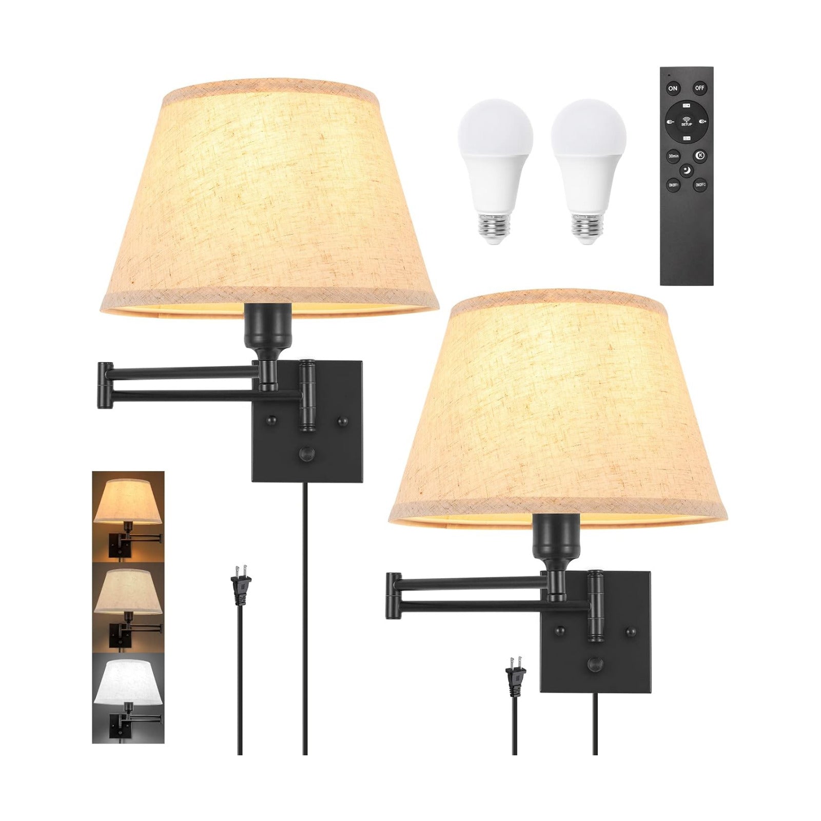 TRLIFE Wall Sconce Plug in, Remote Control Dimming 10-100% and Adjustable Color Temperature 2700K-6500K Swing Arm Wall