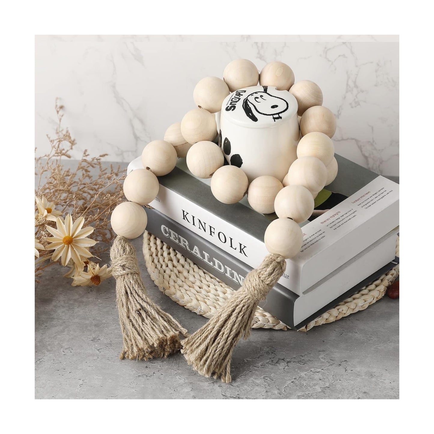 Farmhouse Decor Large Wood Bead Garland long / Natural / 50 Inch