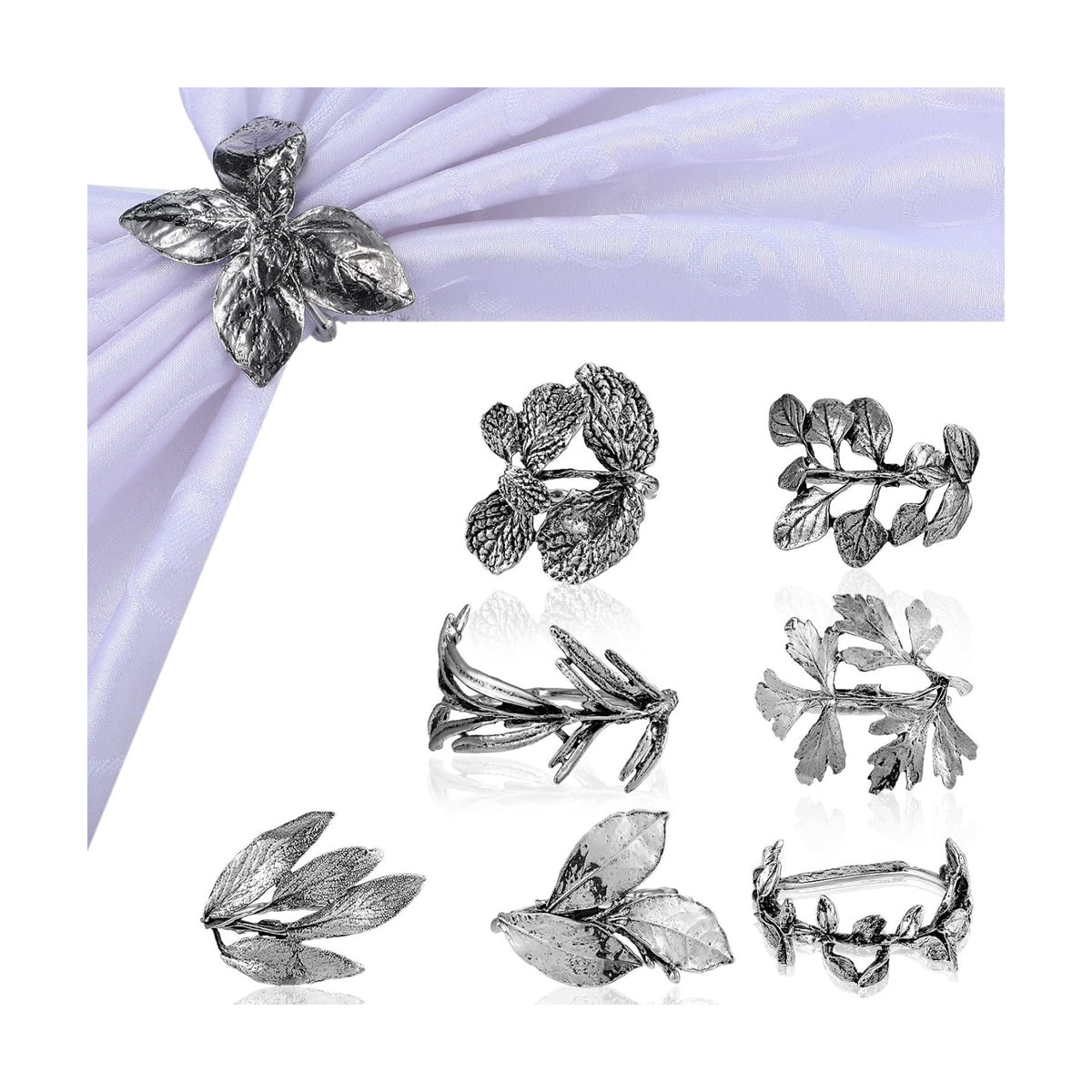 Cunhill 8 Pcs Herb Napkin Rings Set Vintage Leaf Napkin Holders, Silver