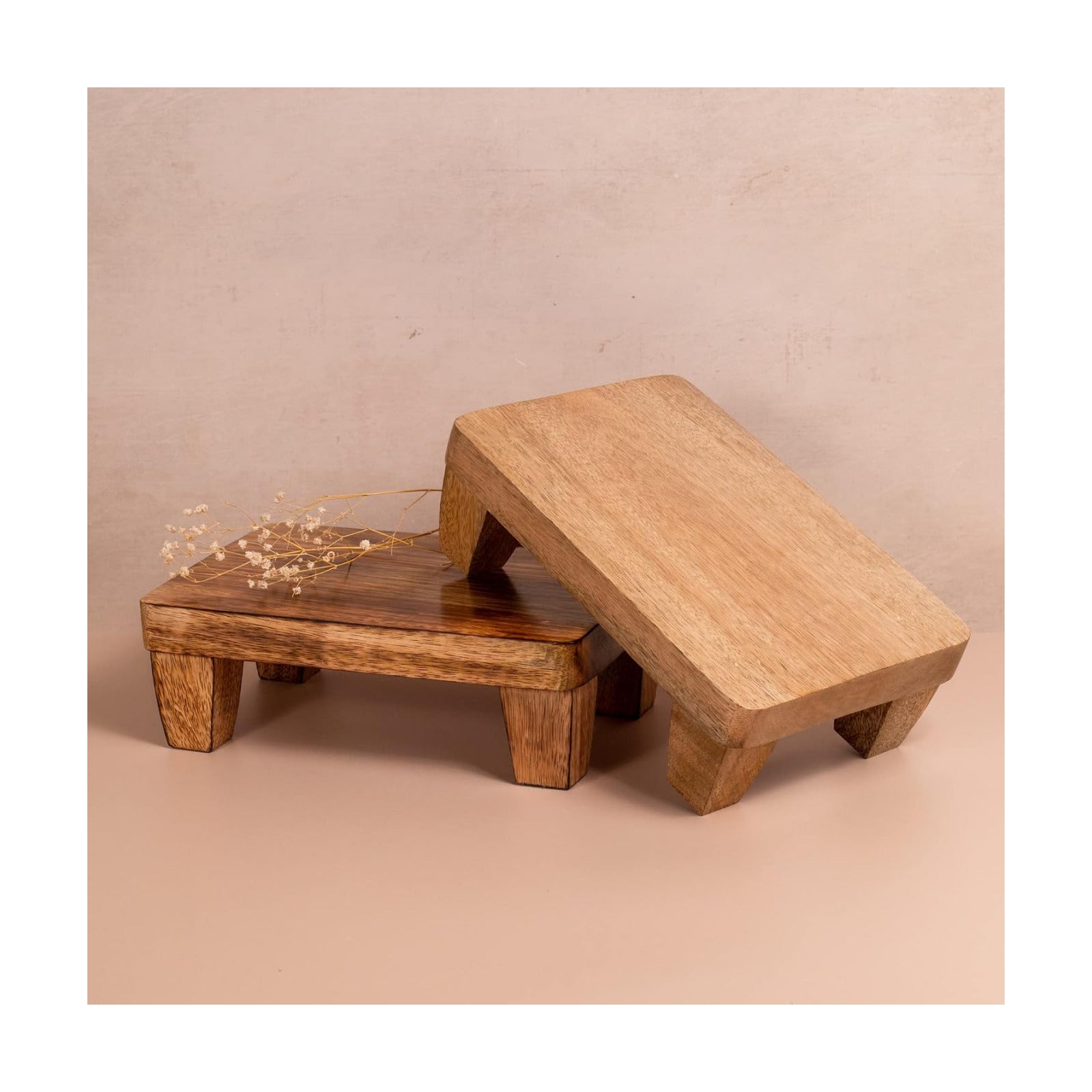 Wooden Tray Pedestal Decor / Dark Polished Mango Wood