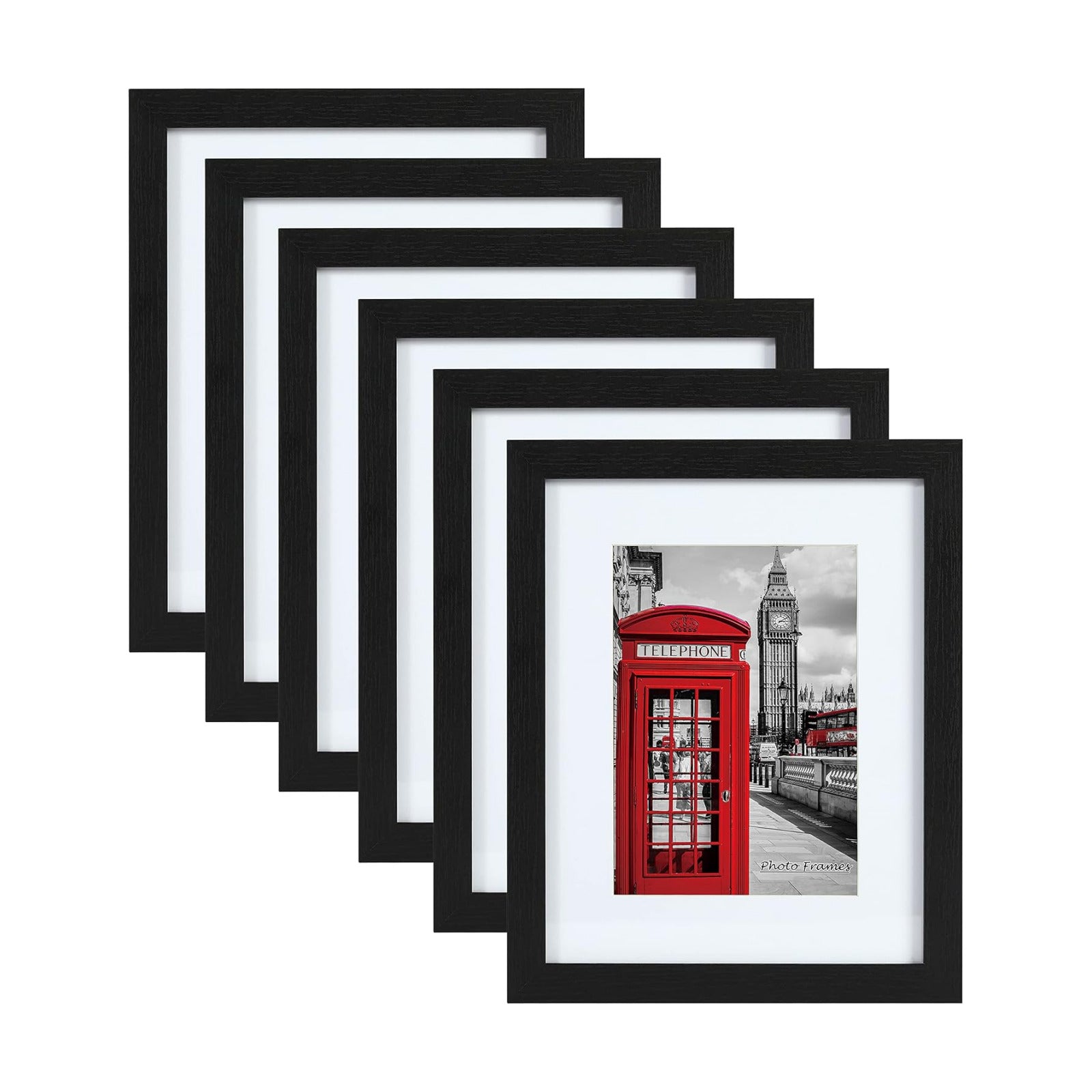 11x14 Picture Frame Set of 6, Wall or Tabletop, Black Woodgrain | Display 8x10 with Mat or 11x14 Without Mat