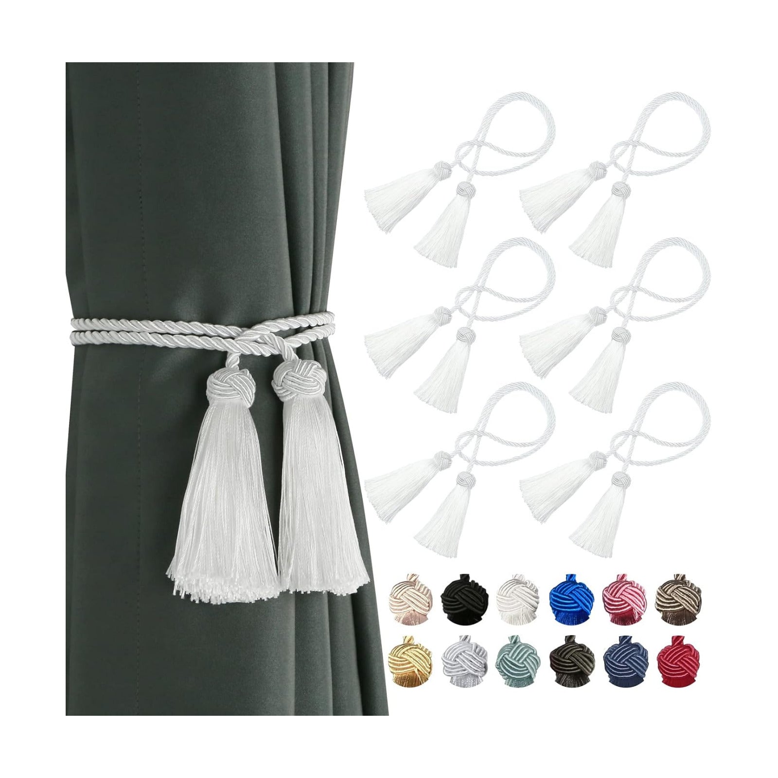 BEL AVENIR 6 Pack Handmade Rope Tassel Curtain Tiebacks | Decorative Curtain Holdbacks with Tassel (White, 6 Pack)