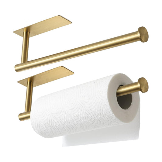 theaoo Under Cabinet Paper Towel Holder for Kitchen, Adhesive, 2 Pack Gold | Self-Adhesive or Screw Mount for Cabinets