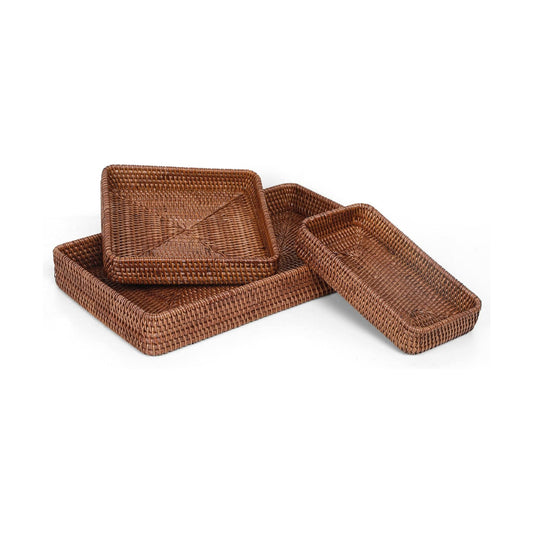 Rattan Tray / Rectangular Woven Tray / Dark Brown / Set of 3