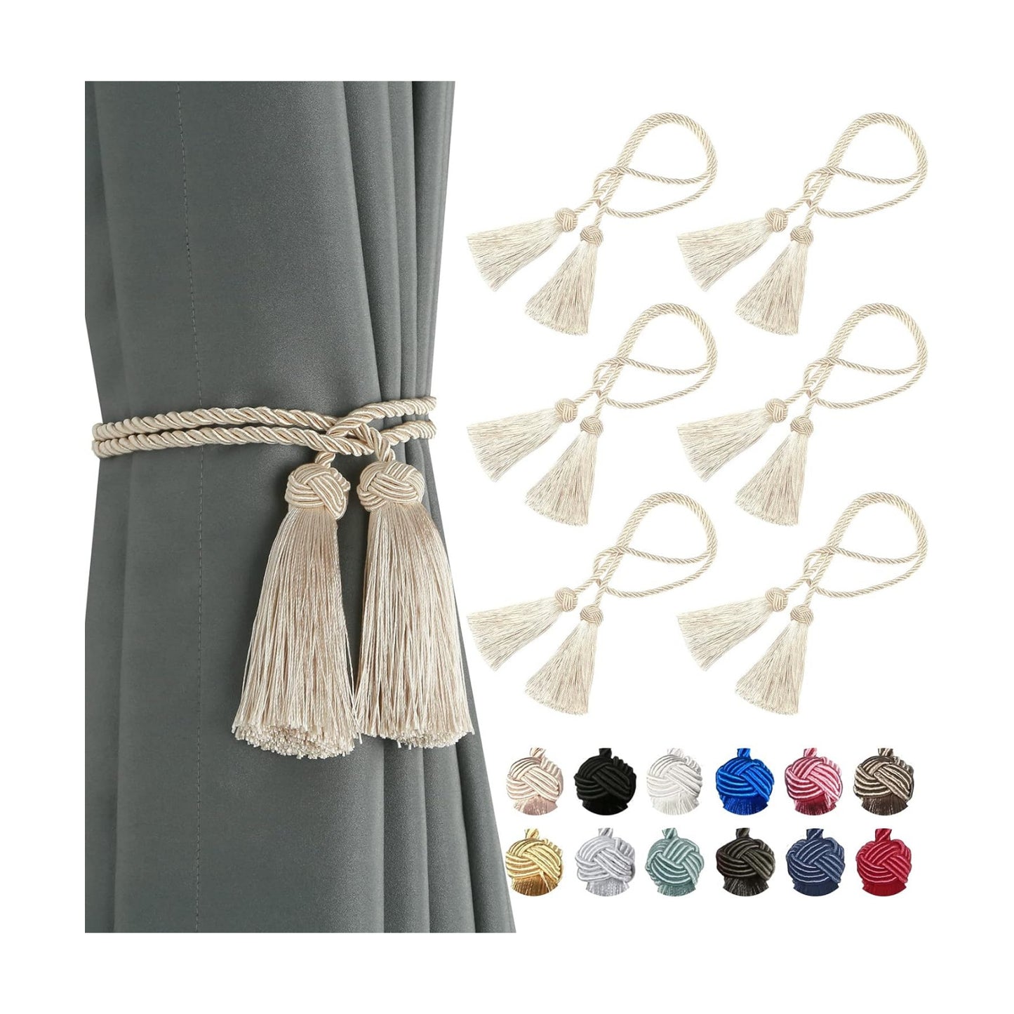 BEL AVENIR 6 Pack Handmade Rope Tassel Curtain Tiebacks | Decorative Curtain Holdbacks with Tassel (Beige, 6 Pack)