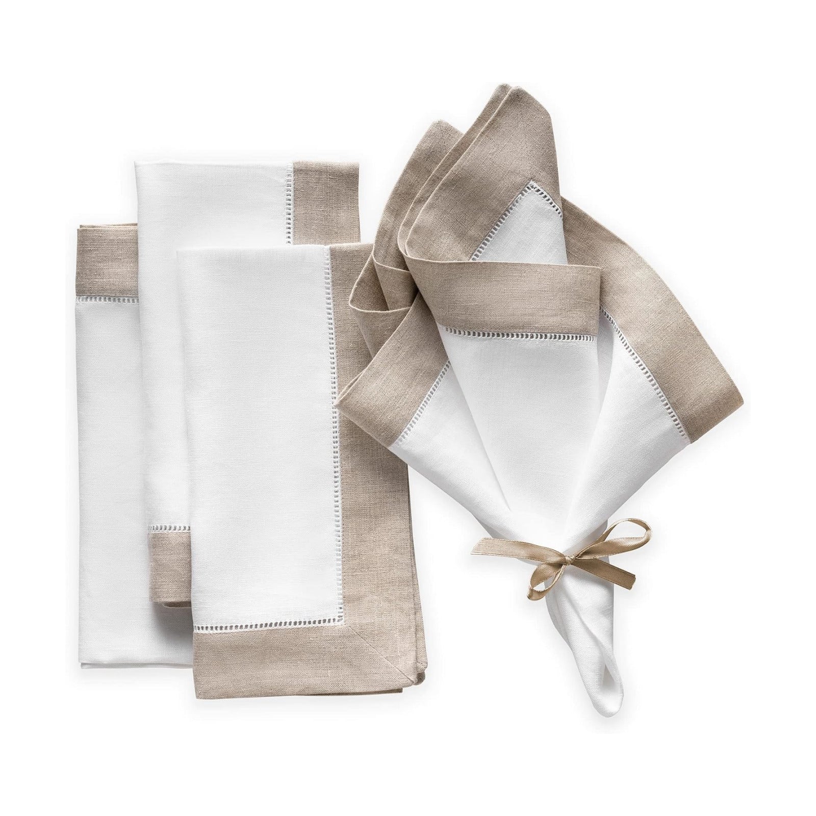 Linen Napkins 20 x 20 inch - 100% Pure Linen White and Natural Dinner Napkins Set of 4 - Hemstitch Napkins Cloth