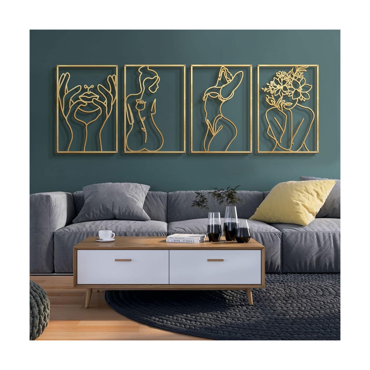 Glamativity 4 Pack Gold Wall Art Decor, Minimalist Single Line Real Metal Wall Art, Woman's Body Shape Abstract Wall