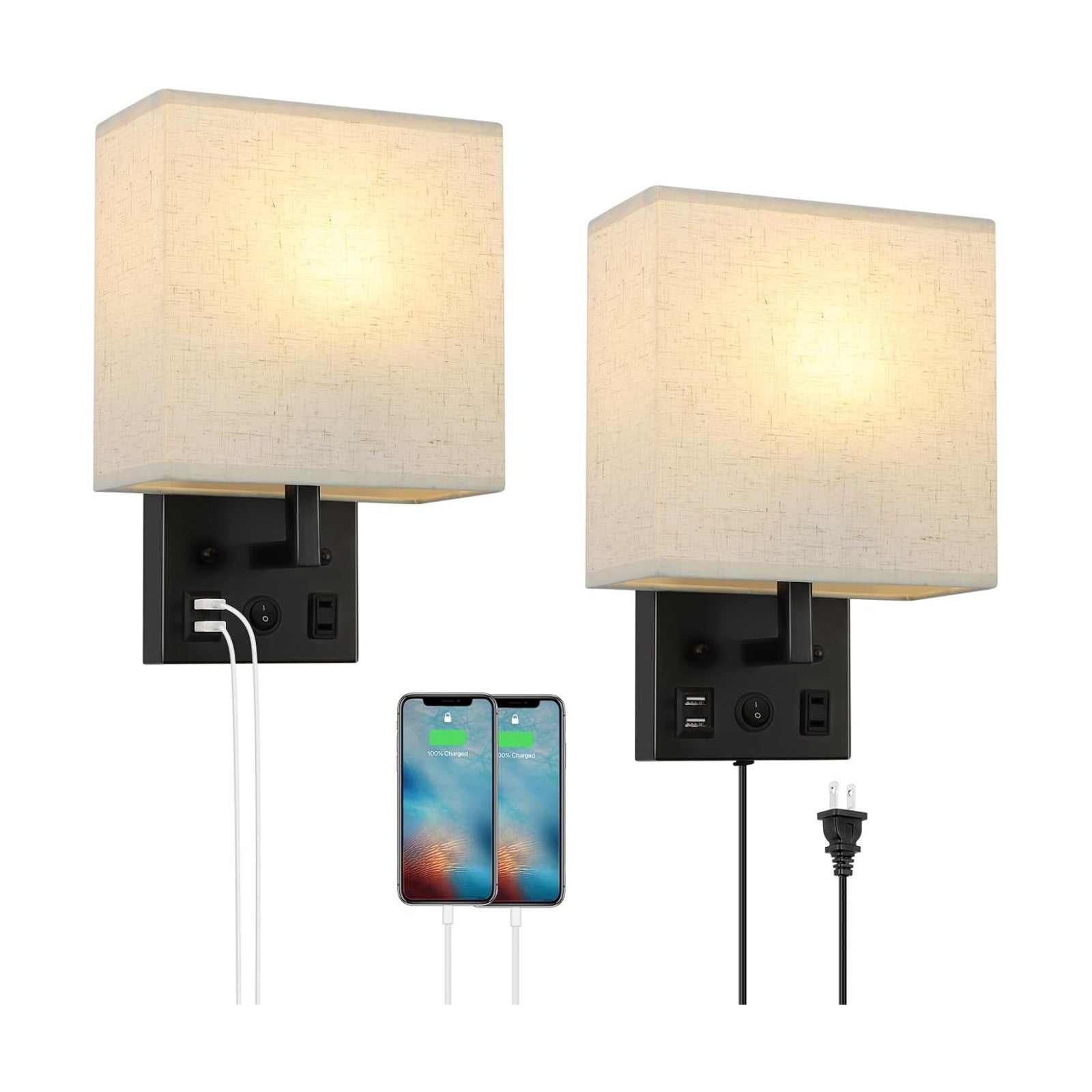 YBING Bedside Wall Lamp Set of 2, Modern Wall Sconces with Plug in Cord Nightstand Wall Lamps with Dual USB and AC