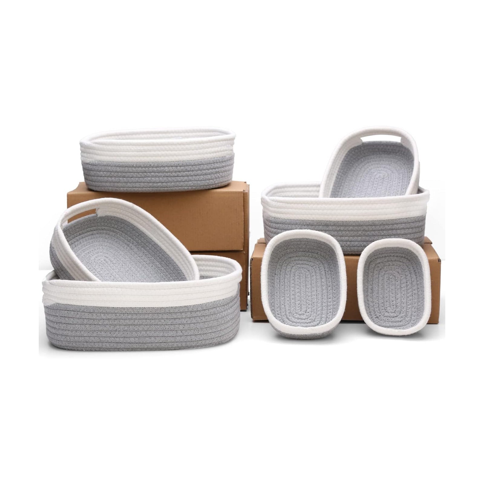 7 Piece Cotton Rope Woven Basket Set / OFF WHITE & GRAY