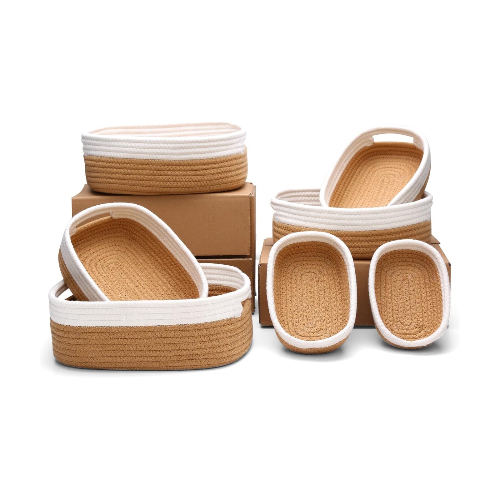7 Piece Cotton Rope Woven Basket Set / OFF WHITE & JUTE