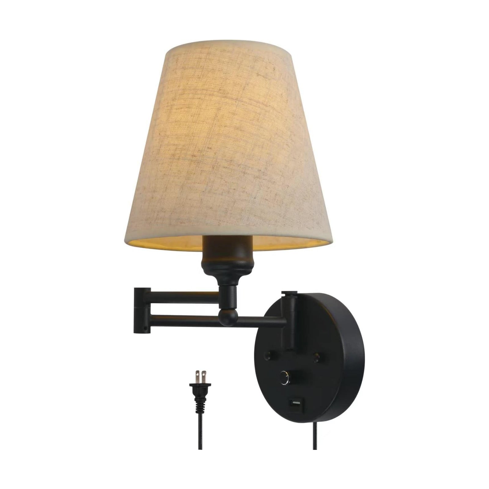 Bedside Wall Mount Light with Dimmable Switch and USB Port, Black Wall Sconce Light with Swing Arm and Plug in Cord