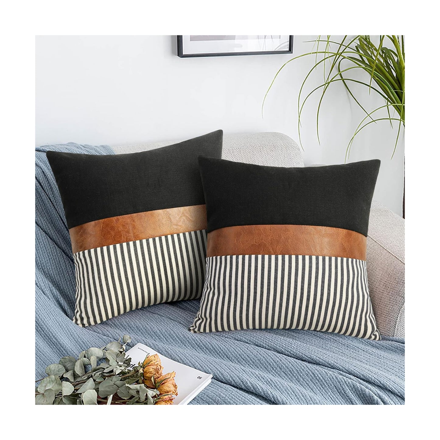Modern Tan Faux Leather Accent Pillow Covers / Black Linen and Black Stripe / 18 x 18 / Set of 2