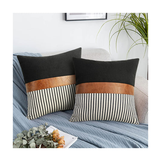 Modern Tan Faux Leather Accent Pillow Covers / Black Linen and Black Stripe / 18 x 18 / Set of 2