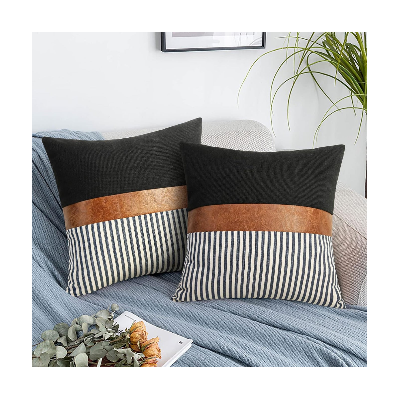 Modern Tan Faux Leather Accent Pillow Covers / Black Linen and Navy Stripe / 18 x 18 / Set of 2