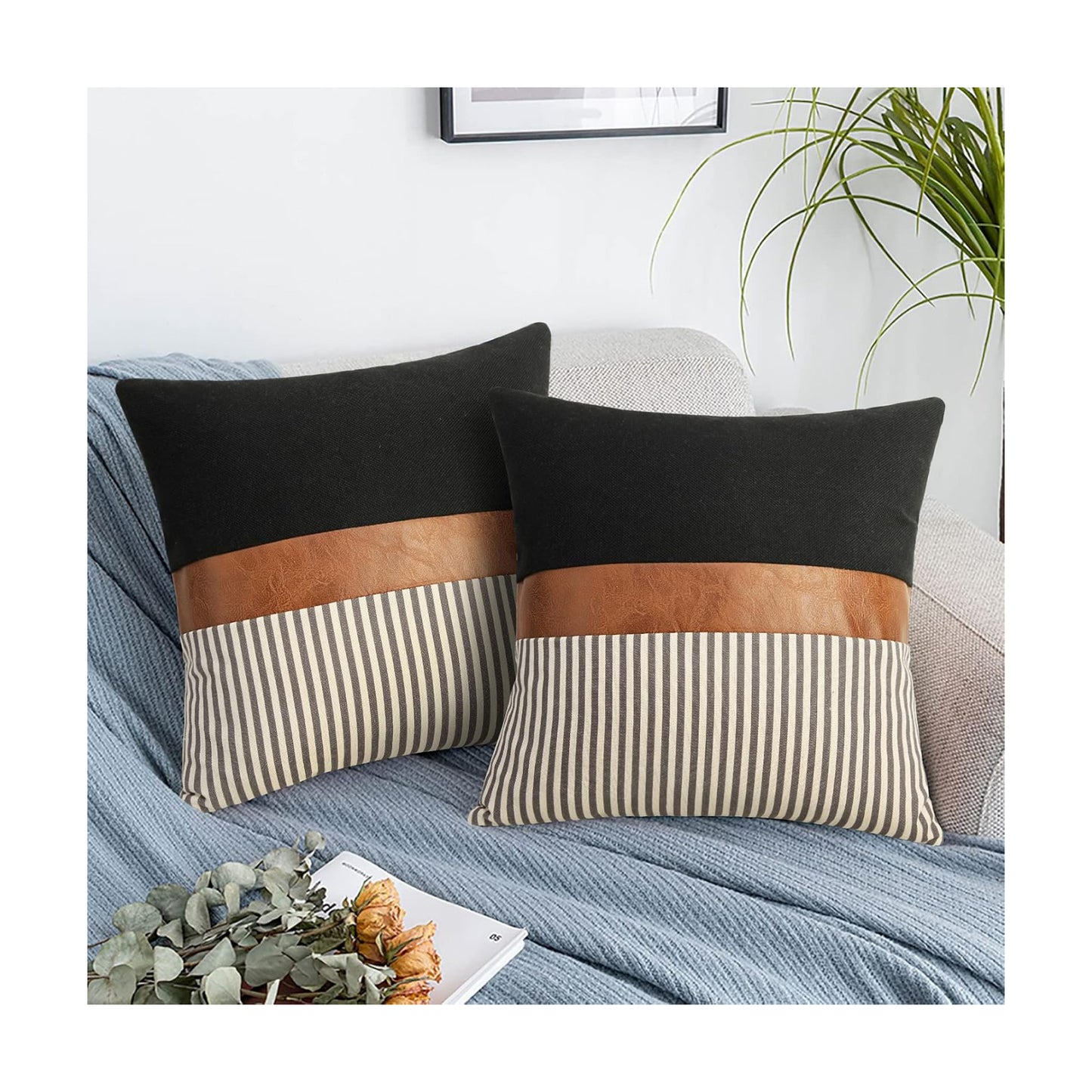 Modern Tan Faux Leather Accent Pillow Covers / Black Linen and Grey Stripe / 18 x 18 / Set of 2