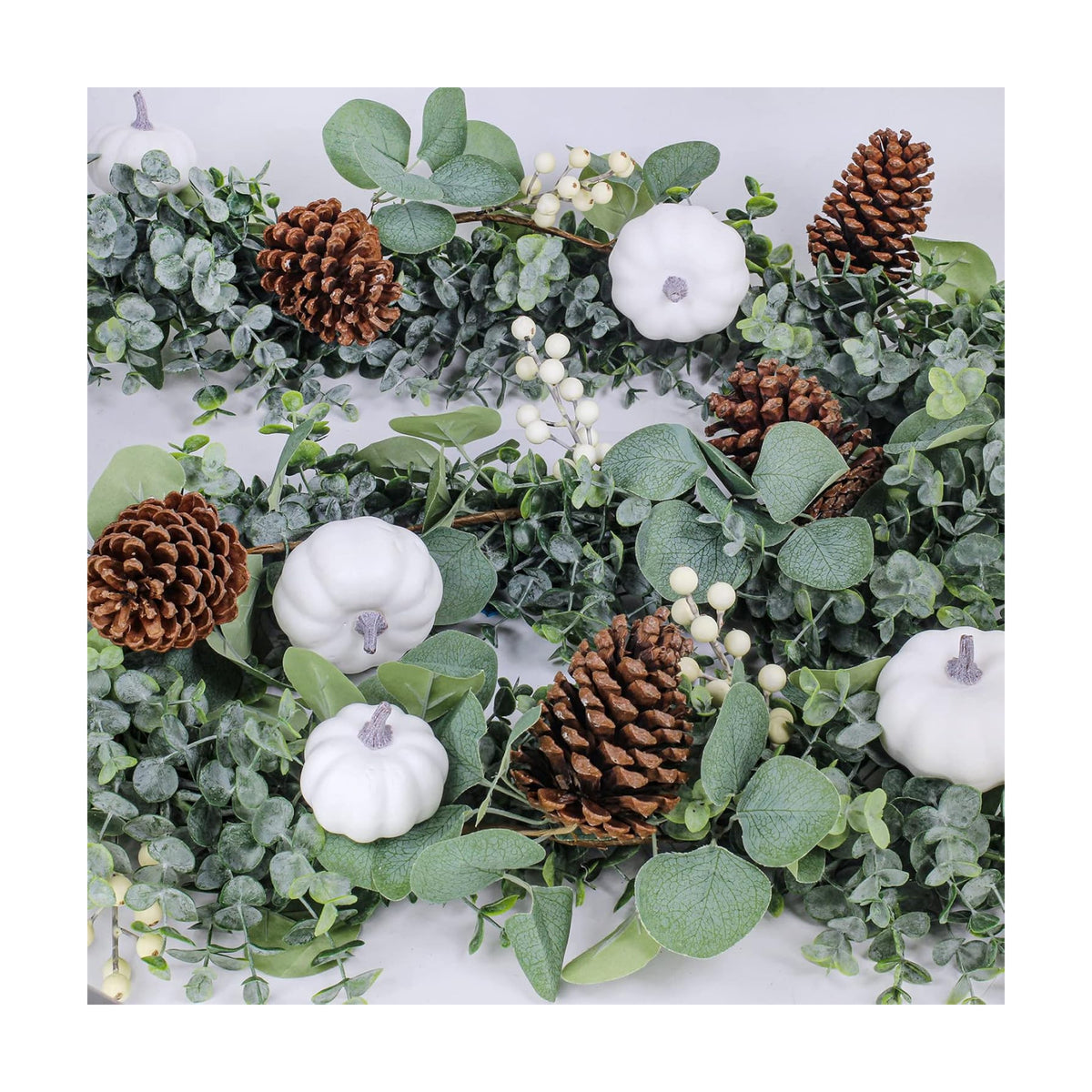 Winlyn Fall White Pumpkin Artificial Eucalyptus Garland with Pumpkins Pinecones Berries - Fall Decor, 5.9' L - Farmhouse Wedding Arch Backdrop, Thanksgiving Mantel, Table Runner, Centerpiece