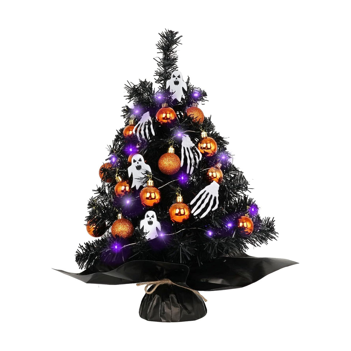 20" Mini Halloween Tree Black Tree Artificial Mini Halloween Tree with Purple LED Lights, Orange Balls Ornaments, Skeleton Hand and Ghost Decorations for Halloween Tabletop Decoration