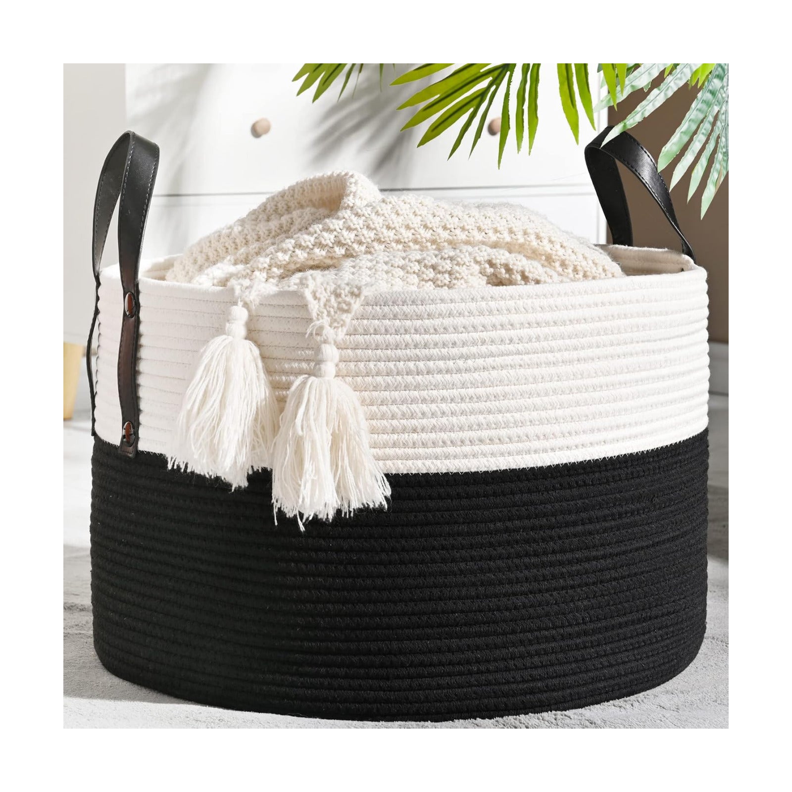 KAKAMAY Large Blanket Basket (20"x13"),Woven Baskets for storage Baby Laundry Hamper, Cotton Rope Blanket Basket for