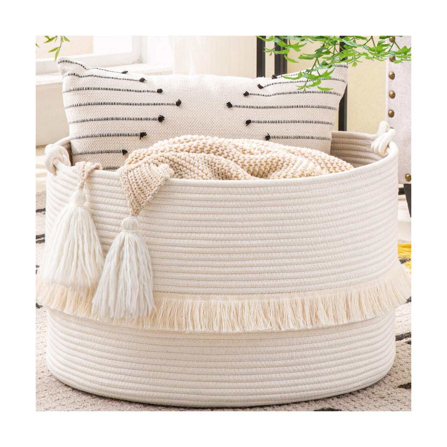 KAKAMAY Large Blanket Basket (20"x13"),Woven Baskets for storage Baby Laundry Hamper, Cotton Rope Blanket Basket for
