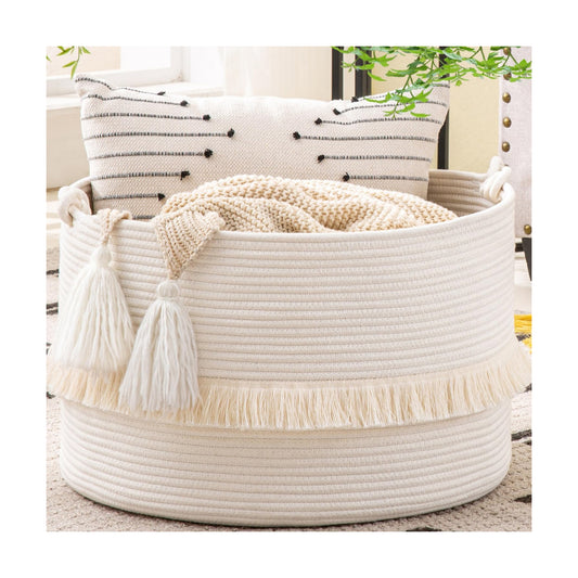KAKAMAY Large Blanket Basket (20"x13"),Woven Baskets for storage Baby Laundry Hamper, Cotton Rope Blanket Basket for