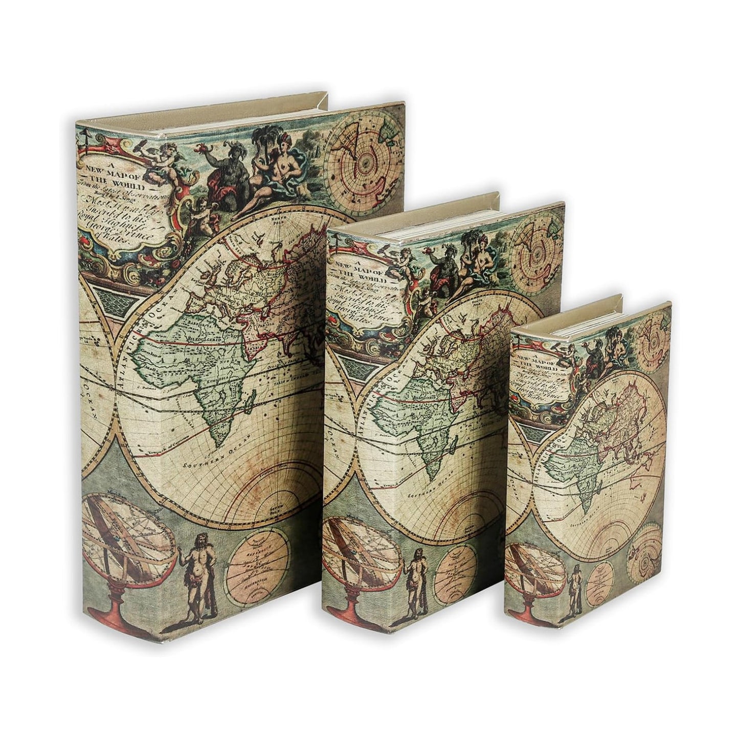 Decorative Wooden Book Boxes / 3 x Map / Set of 3