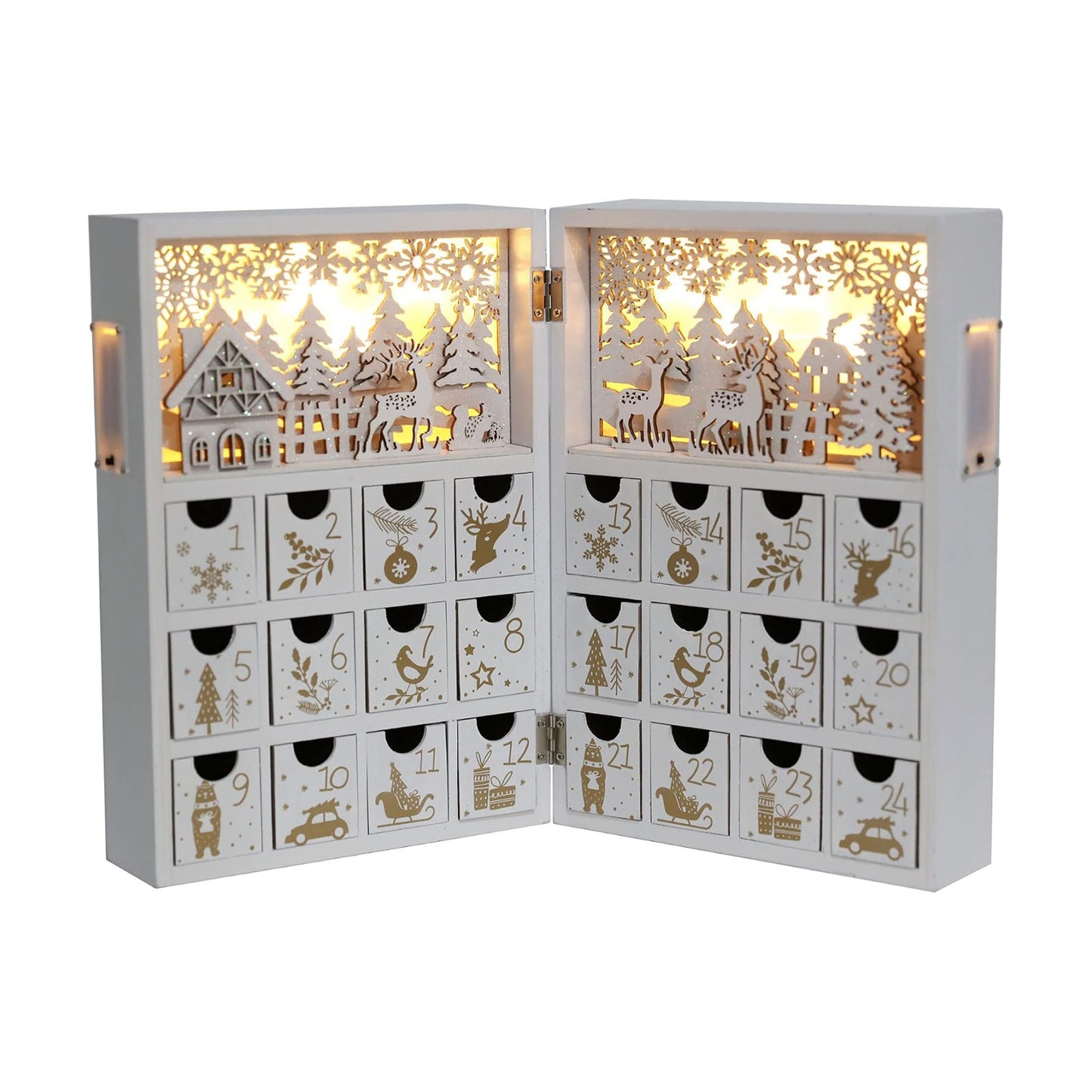 Christmas Wooden Advent Calendar Book with LEDs White & Gold Christmas Reindeer Countdown Holiday Gifts with 24 Drawers