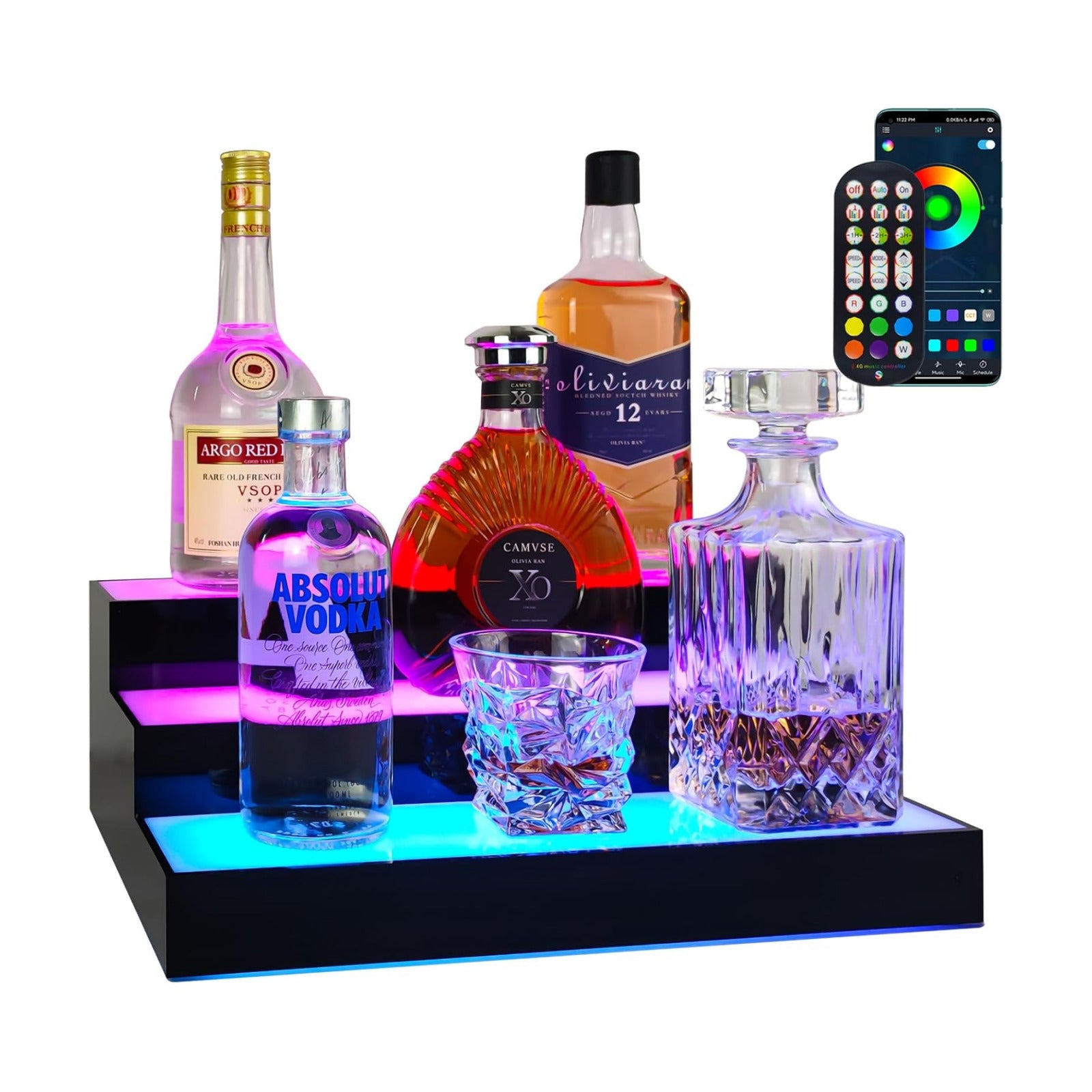 GOH&FTY LED Lighted Liquor Bottle Display Shelf,APP 16inche 3Step LED Bar Shelf with Wireless Remote& Multicolor LED