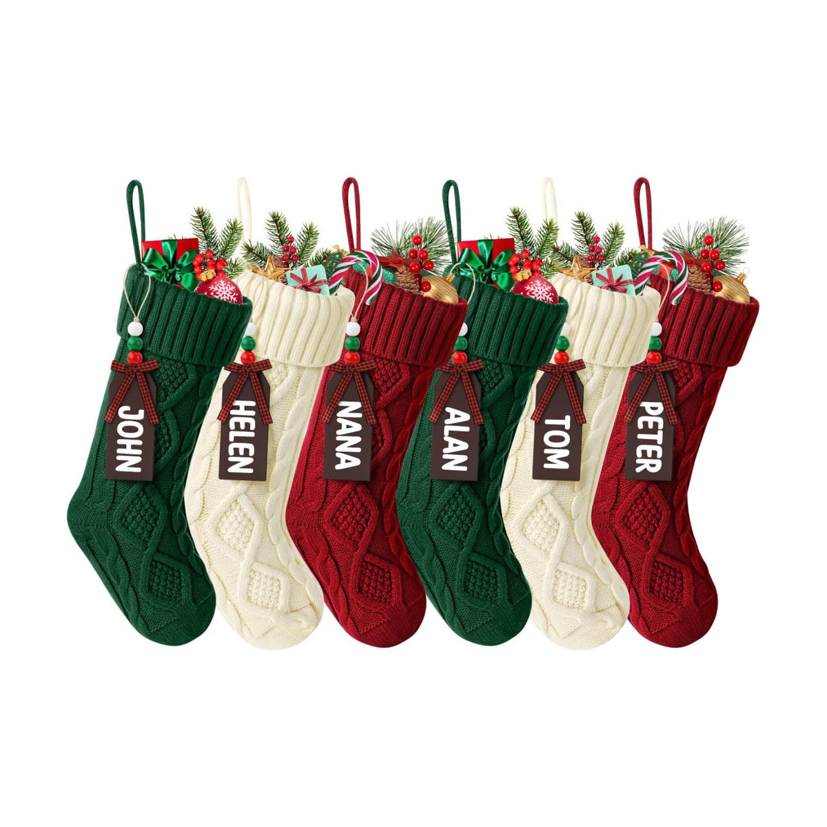 Hommtina Christmas Stockings, Personalized Christmas Stockings 18 Inches Large Size Cable Knitted Stocking Gifts (6pcs White&red&Green)