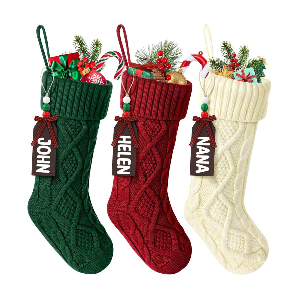 Hommtina Christmas Stockings, Personalized Christmas Stockings 18 Inches Large Size Cable Knitted Stocking Gifts (3pcs White&Red&Green)