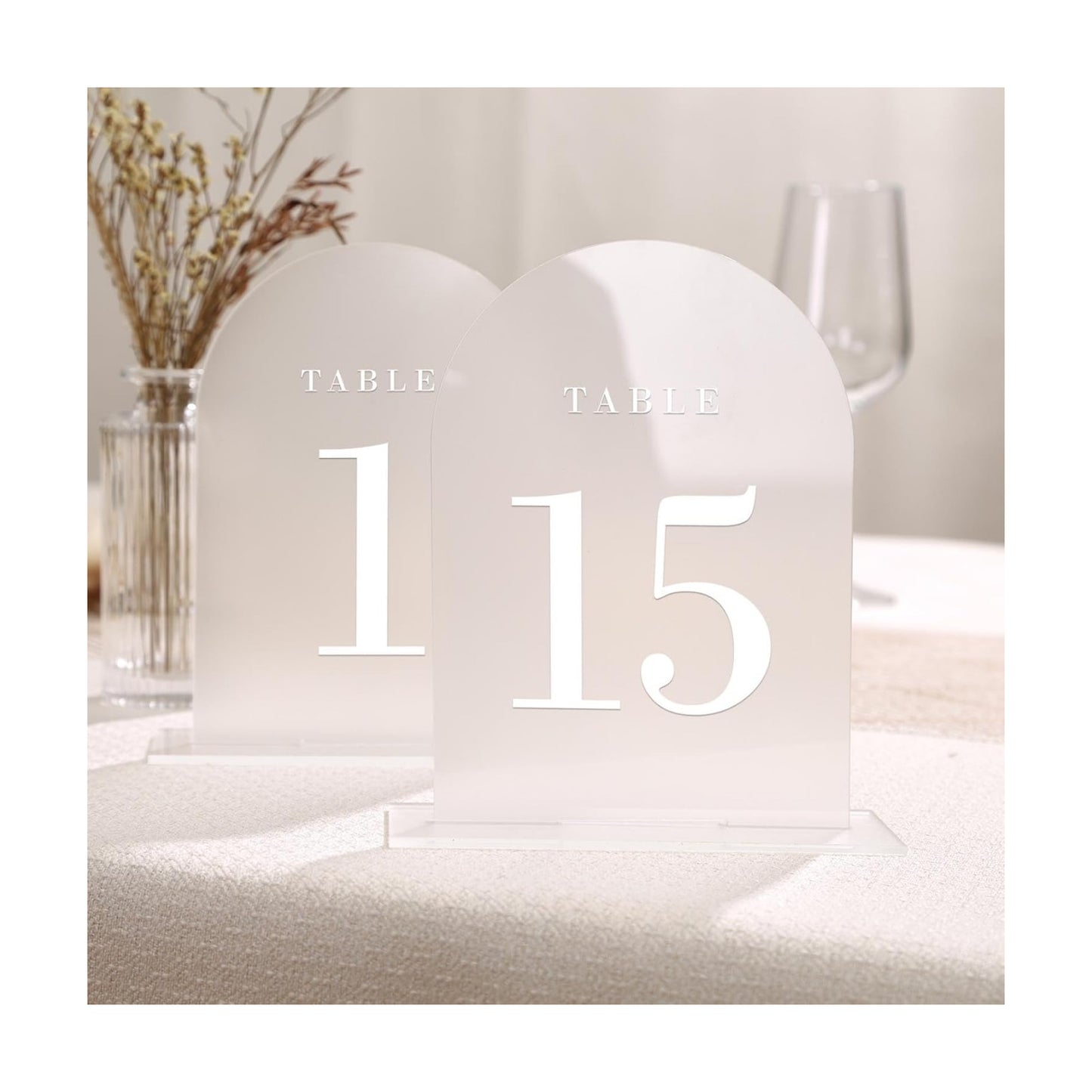 UNIQOOO Frosted Arch Wedding Table Numbers with Stands 1-15, 5x7" Acrylic Display Signs and Holders, Pack of 15