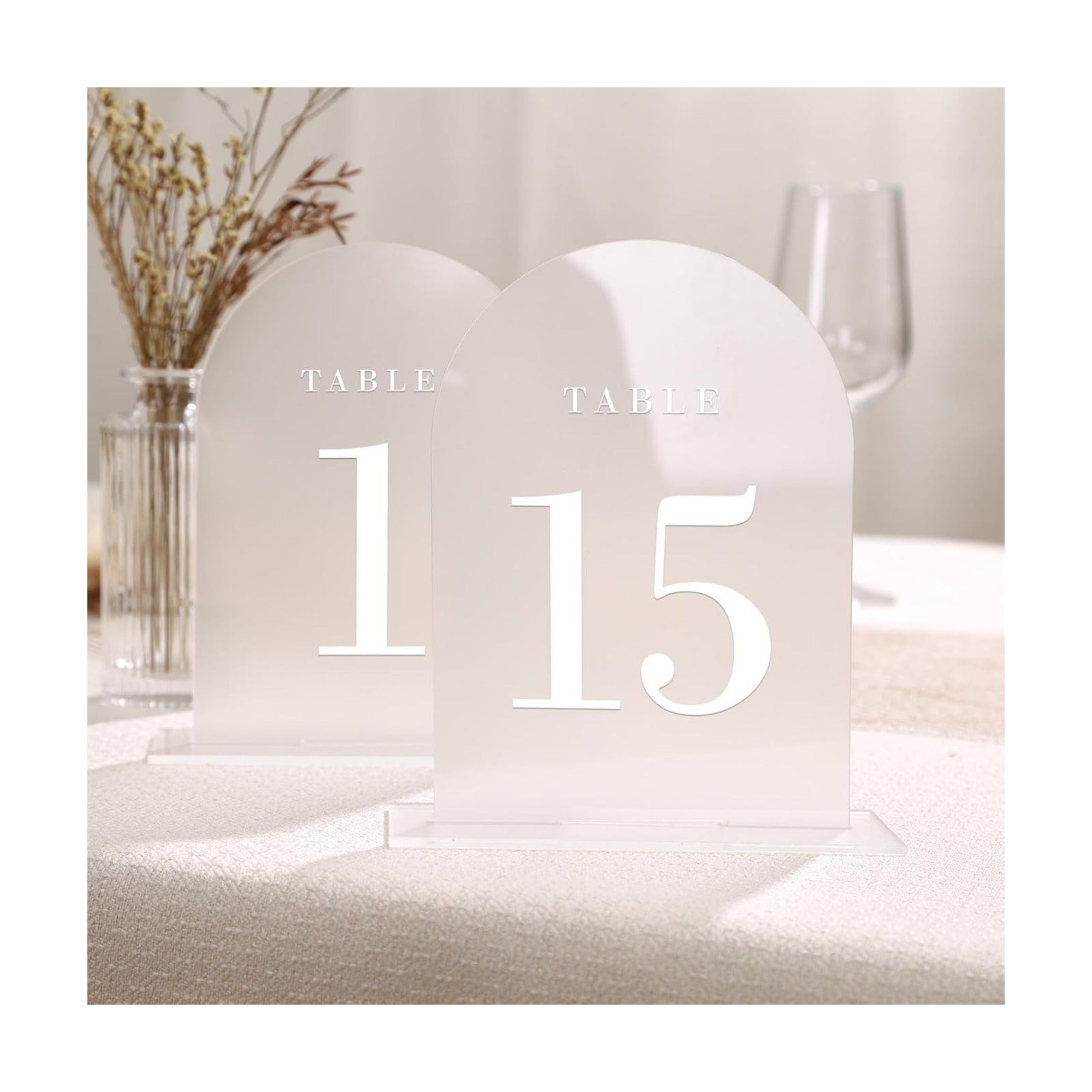 UNIQOOO Frosted Arch Wedding Table Numbers with Stands 1-15, 5x7" Acrylic Display Signs and Holders, Pack of 15