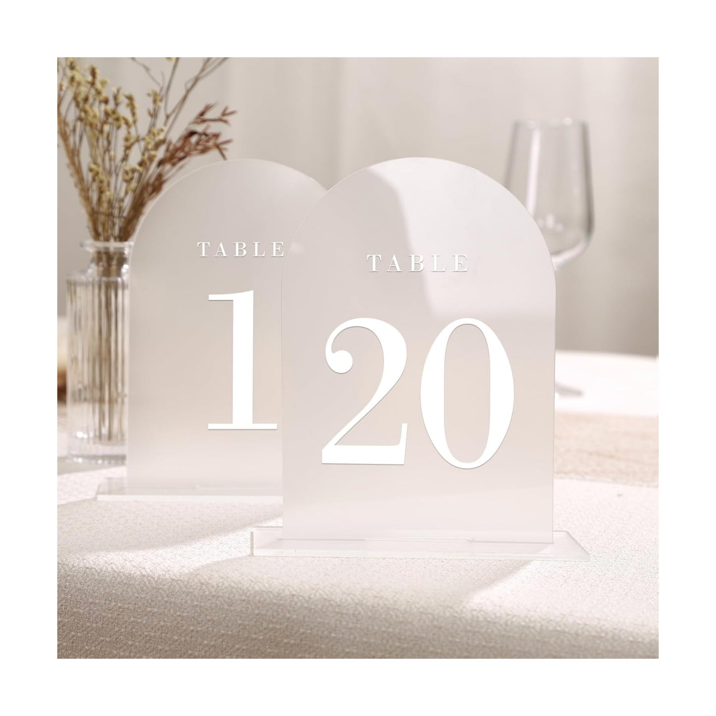 UNIQOOO Frosted Arch Wedding Table Numbers with Stands 1-20, 5x7" Acrylic Display Signs and Holders, Pack of 20