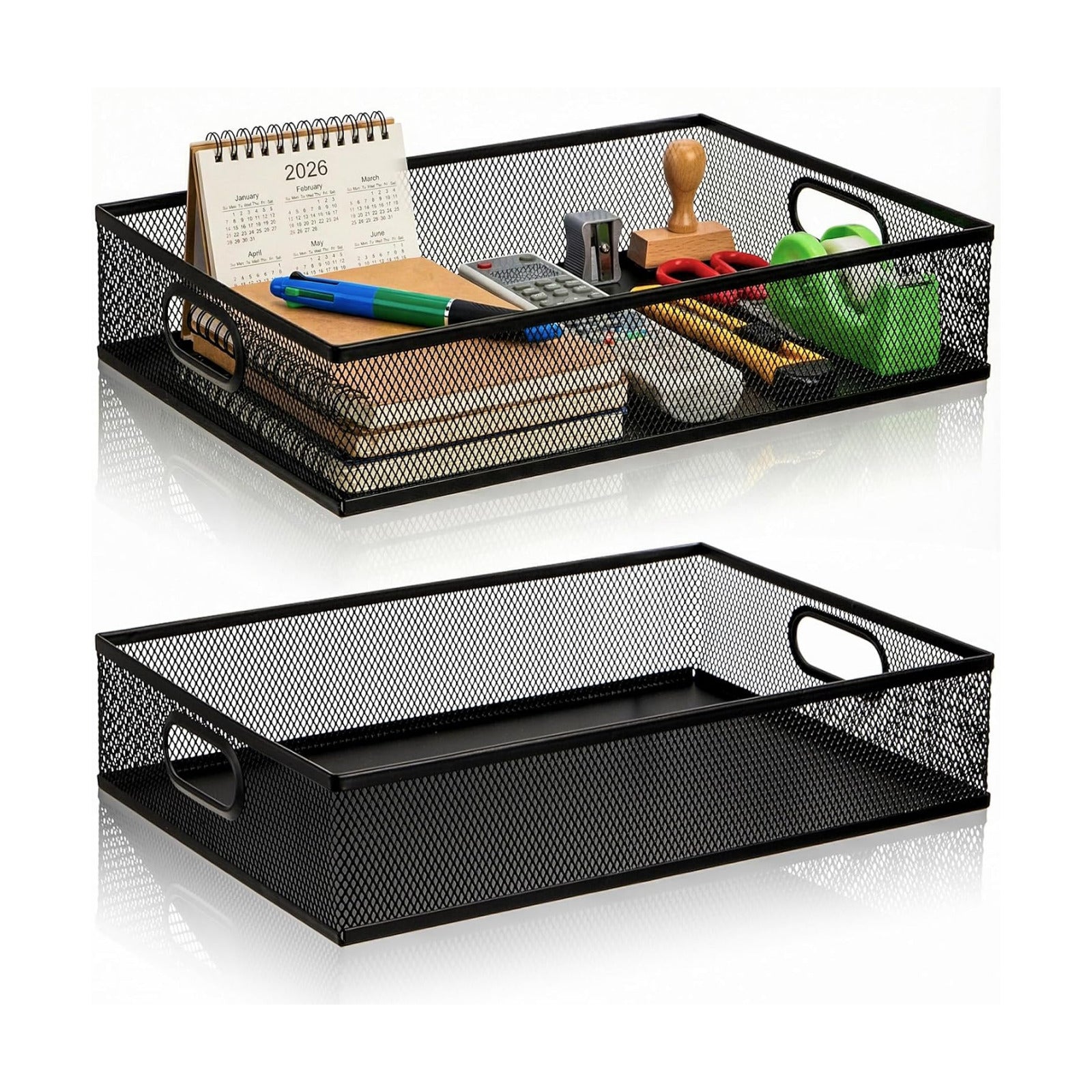Elsjoy 2 Pack Desk Drawer Organizer Tray, Metal Mesh Desktop Storage Tray Office File Organizer with Handle, Portable