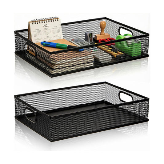 Elsjoy 2 Pack Desk Drawer Organizer Tray, Metal Mesh Desktop Storage Tray Office File Organizer with Handle, Portable