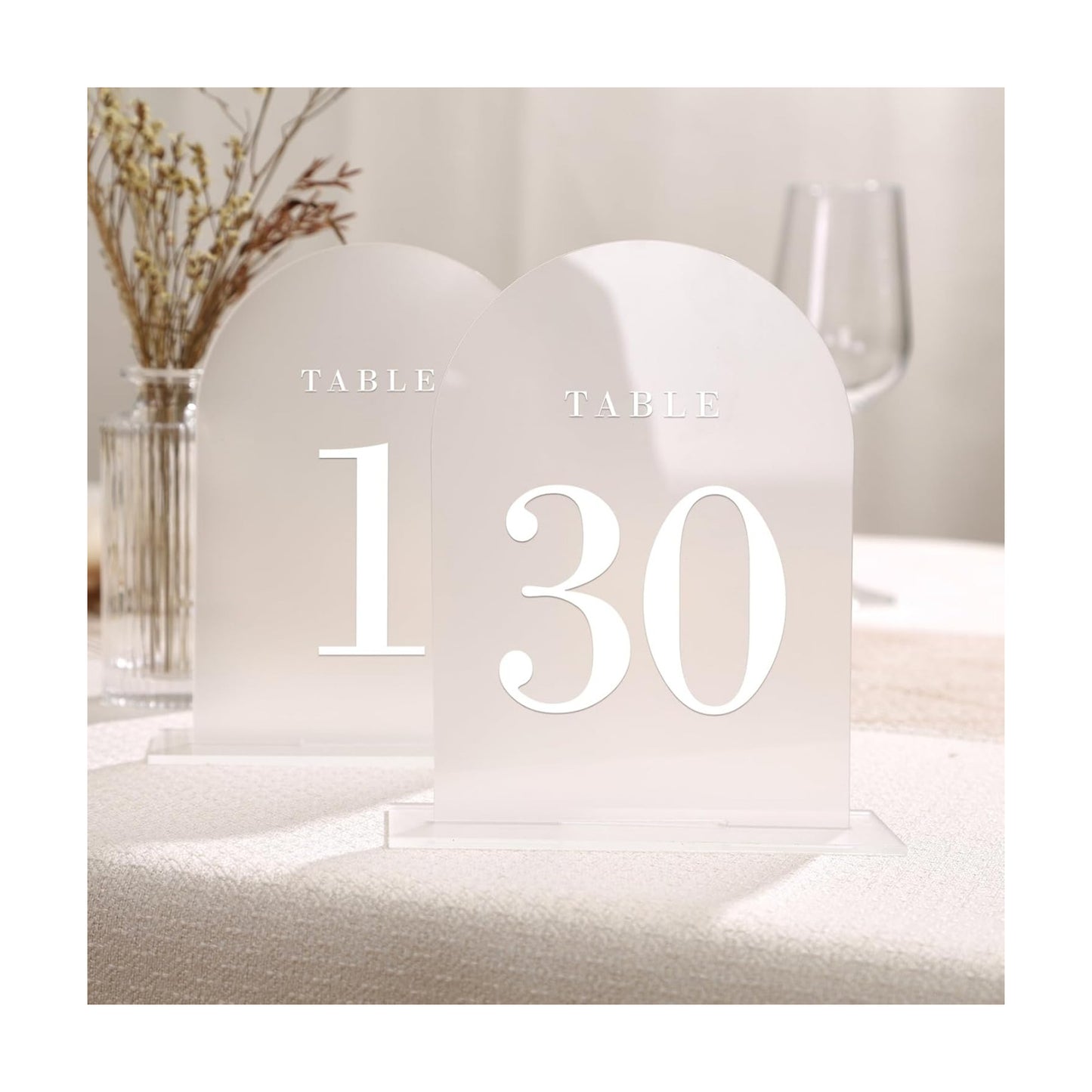 UNIQOOO Frosted Arch Wedding Table Numbers with Stands 1-30, 5x7" Acrylic Display Signs and Holders, Pack of 30
