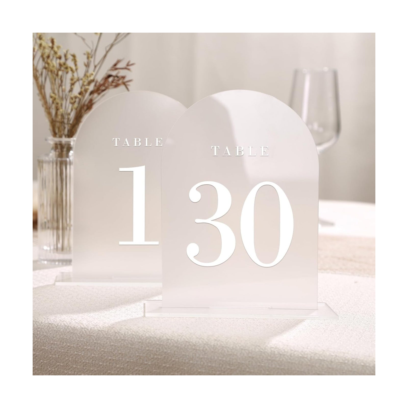 UNIQOOO Frosted Arch Wedding Table Numbers with Stands 1-30, 5x7" Acrylic Display Signs and Holders, Pack of 30
