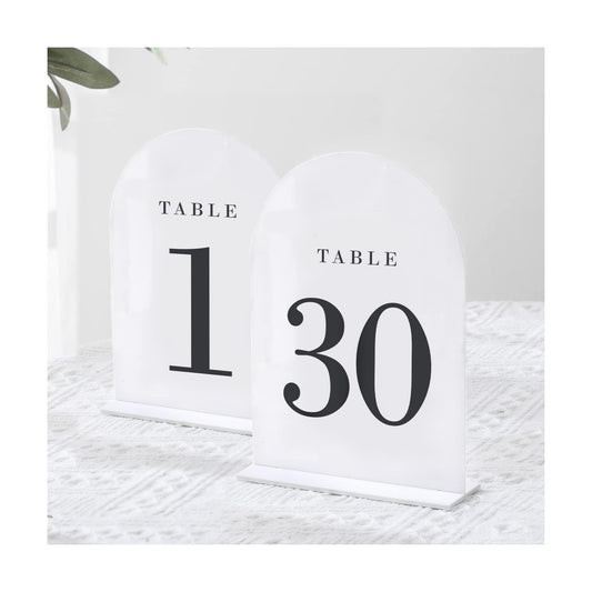 UNIQOOO White Arch Wedding Table Numbers with Stands 1-30, 5x7" Acrylic Signs and Holders, Perfect for Centerpiece