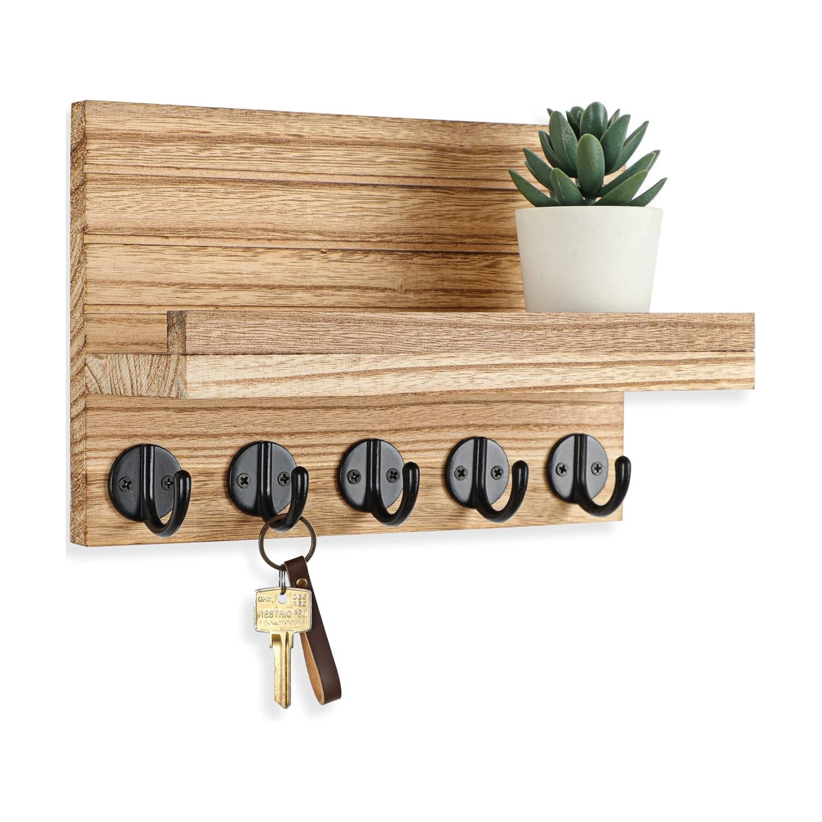 Lwenki Key Holder for Wall, Decorative Key and Mail Holder with Shelf Has Large Key Hooks for Bags, Coats – Paulownia