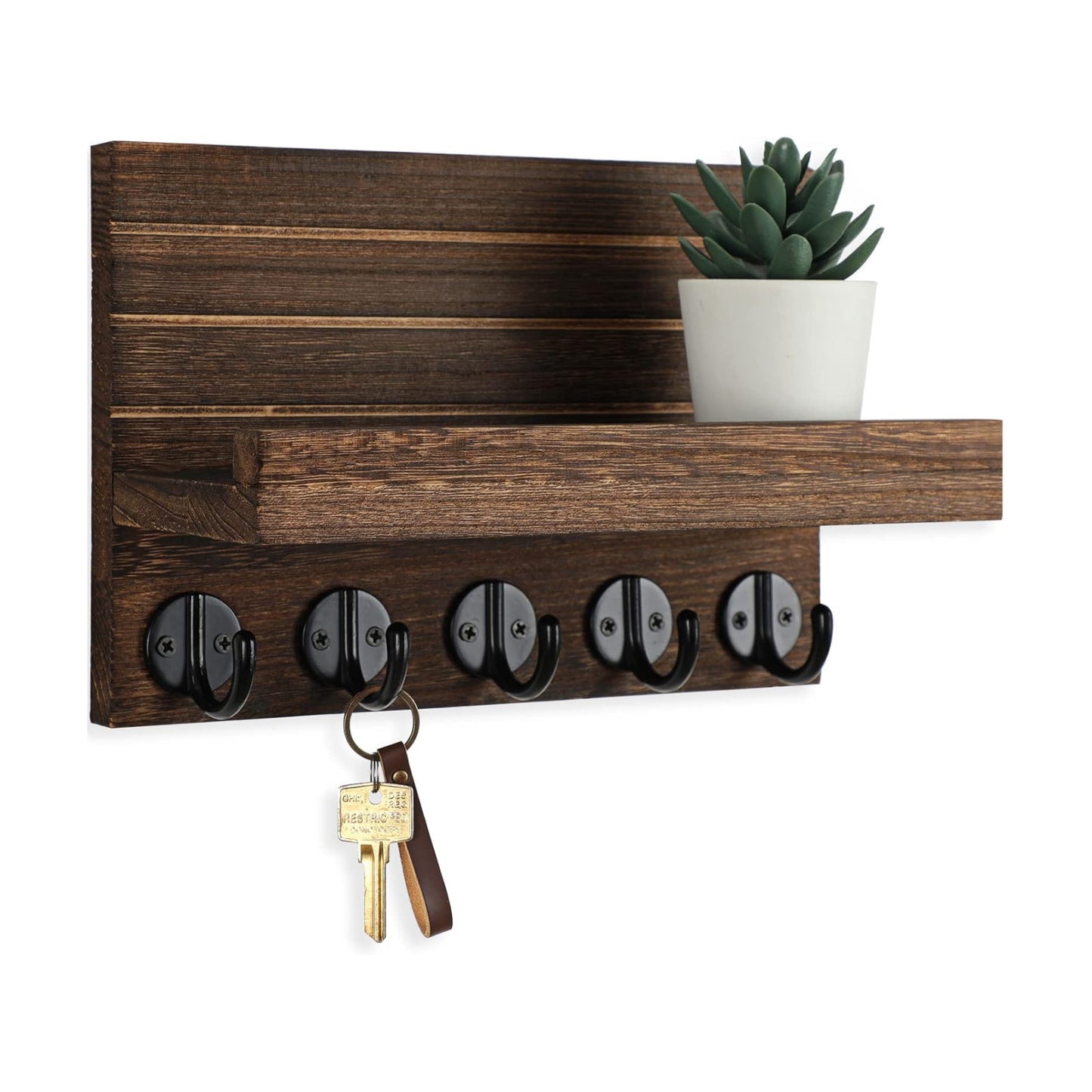 Lwenki Key Holder for Wall, Decorative Key and Mail Holder with Shelf Has Large Key Hooks for Bags, Coats – Paulownia